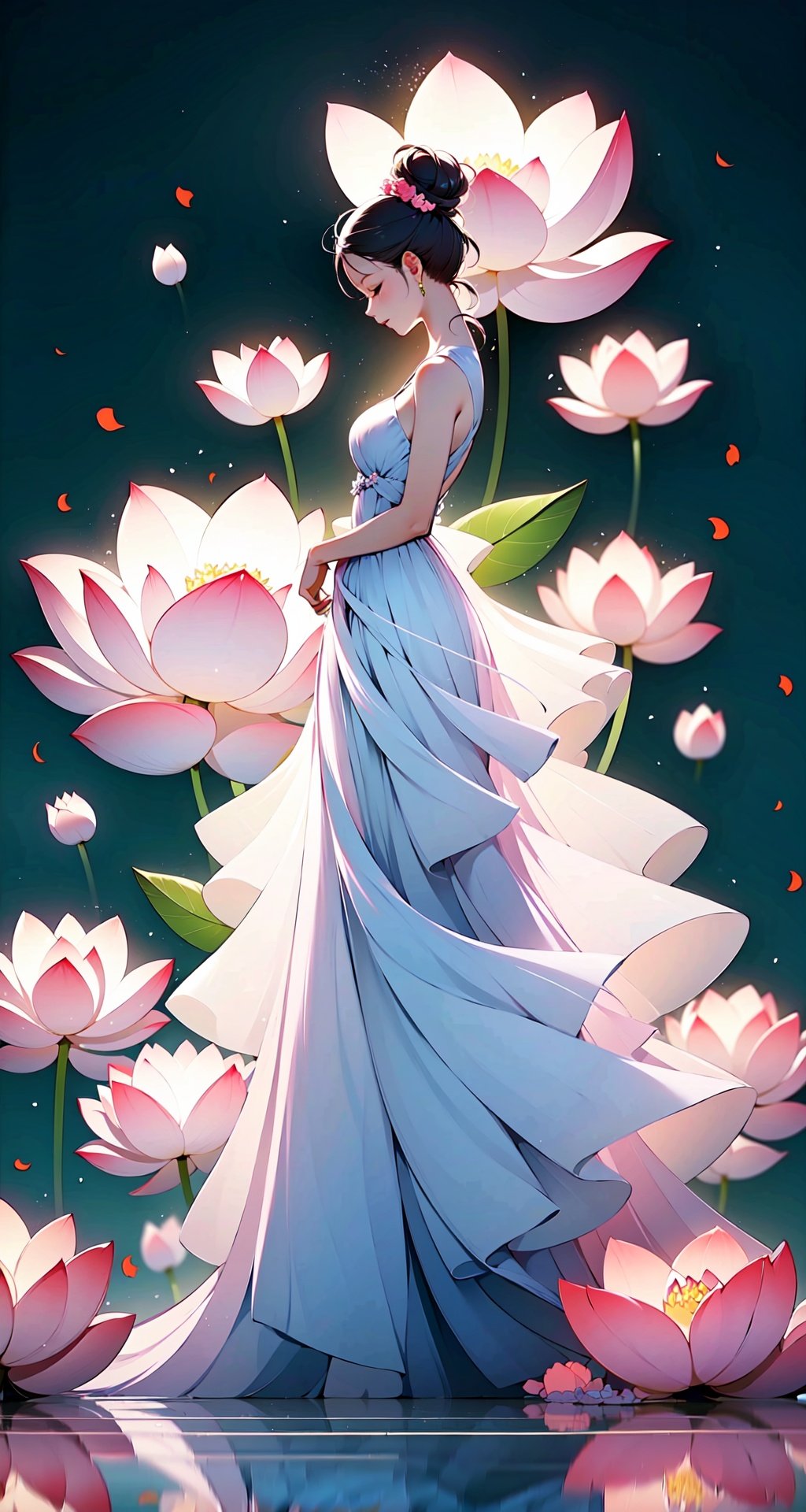 <lora:buyao (2):1>,buyao, 1girl, dress, solo, flower, white dress, closed eyes, pink flower, brown hair, profile, full body, short hair, standing, hair bun, bare shoulders, black hair