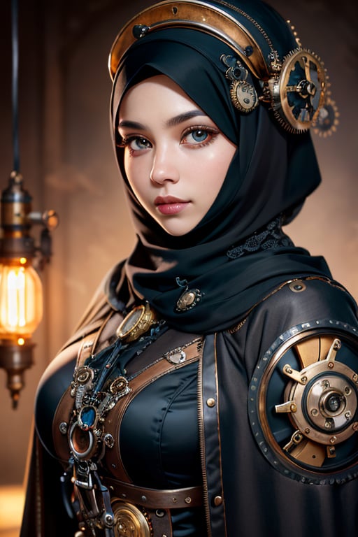 1girl solo,beautiful muslim, hijab, twirling hijab, fully covered robe, white hijab, beautiful eyes, black dress, satin robe, super shiny dress, ao dai, (((steampunk gears accessory))), steampunk gears hat, (steampunk background),  (masterpiece), (8k quality), (ultra-detailed), best shadow, (photorealistic:1.4), ((high res)), shade, backlighting, depth of field, finely detailed, physically-based rendering, original, perfect lighting, smooth, hdr, 8k resolution,
(studio photography), cinematic lighting, gorgeous shot, portrait shot,
amazing reflection, great details, perfectfingers, 