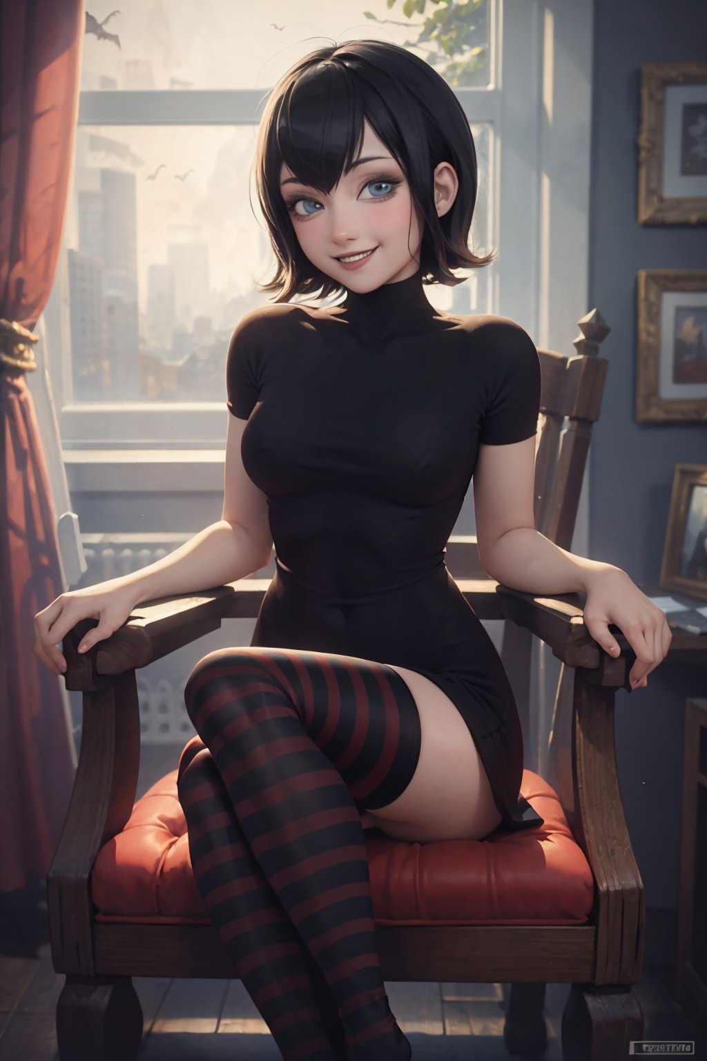 (masterpiece, best quality:1.2), solo, 1girl, mavis dracula, smile, looking at viewer, sitting, chair, black dress, striped thighhighs