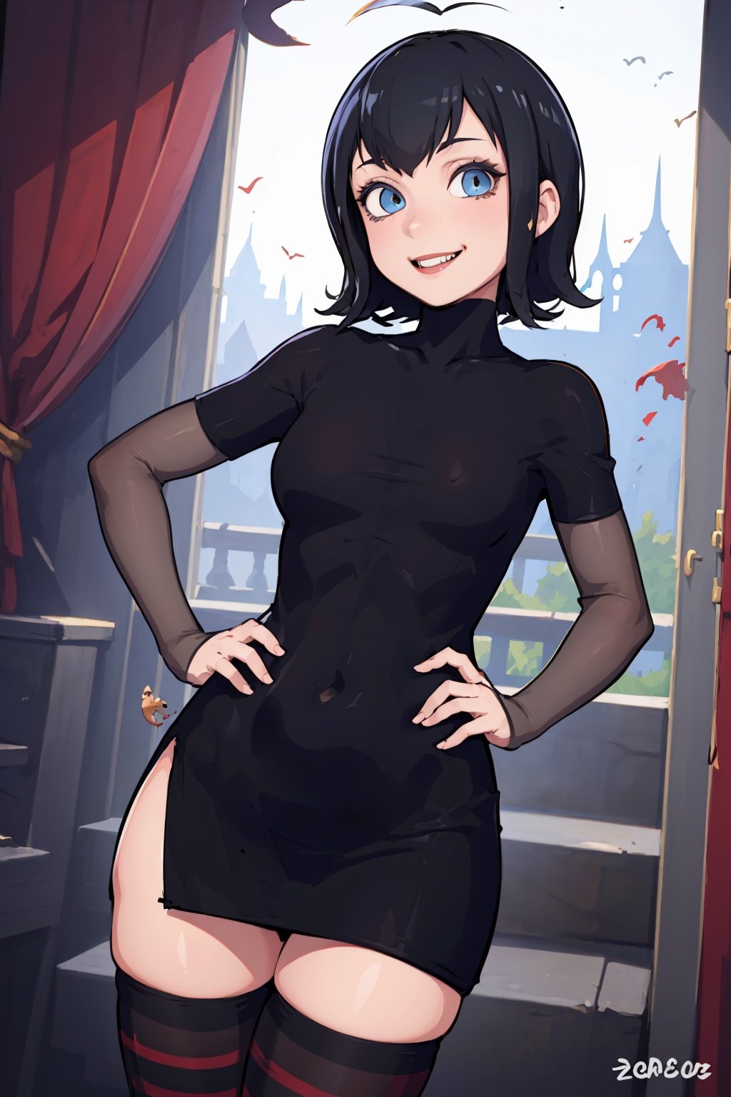 (masterpiece, best quality:1.2), cowboy shot, solo, 1girl, mavis dracula, smile, looking at viewer, hand on hip, black dress, striped thighhighs