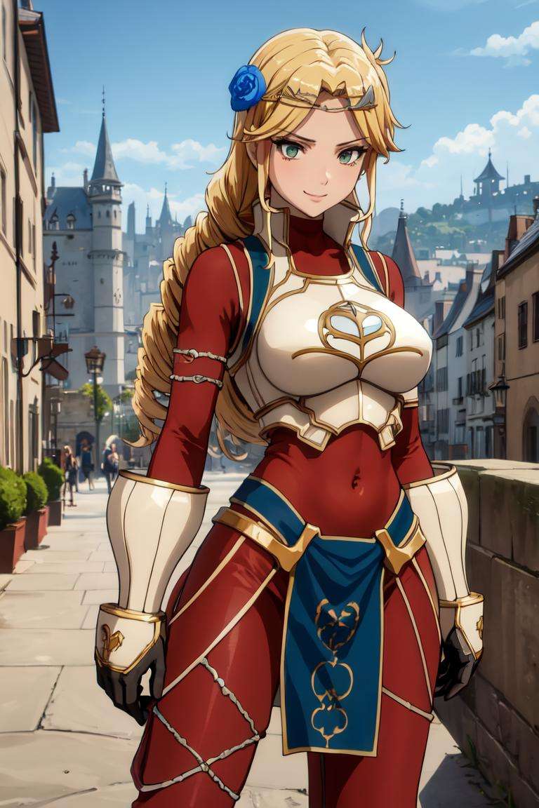 masterpiece, best quality, absurdres, perfect anatomy, 1girl, solo, Laykus, long hair, hair flower, gloves, armor, breastplate, bodysuit, pelvic curtain, standing, smile, outdoors, medieval city, castle in background, <lora:LakyusAlveinDaleAindra:1>