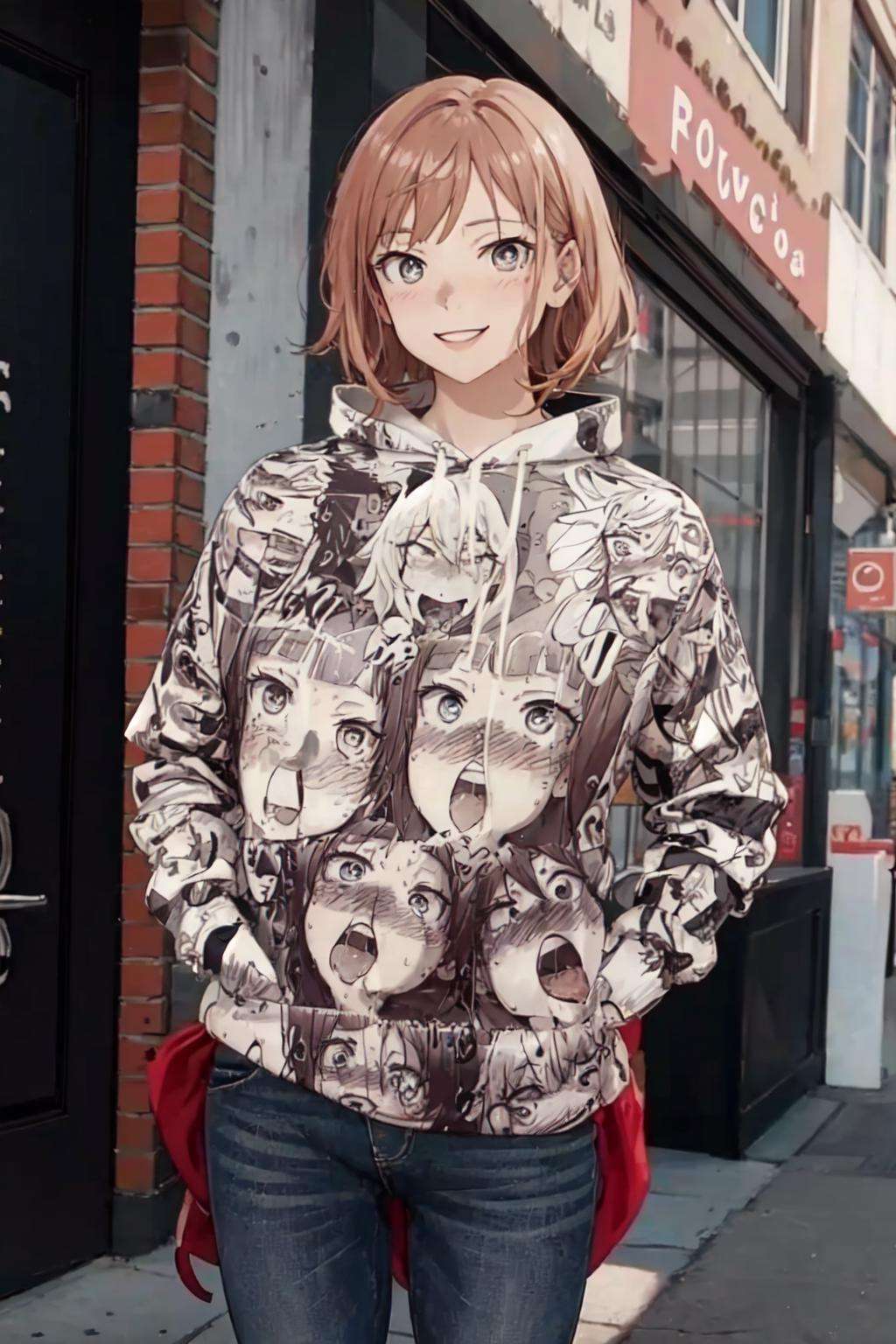 best quality, masterpiece, 1girl, <lora:ahegaoHoodie-000009:1>, ahegao hoodie, smile