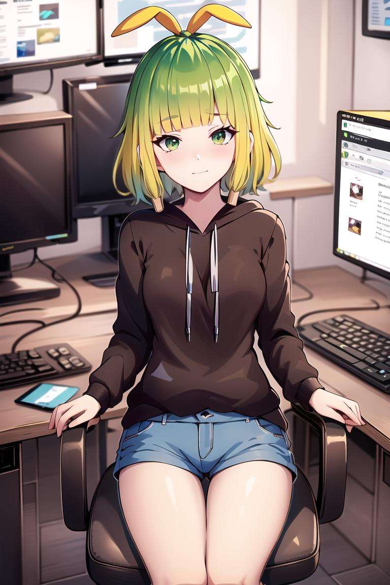 best quality, masterpiece, absurdres, banchan, 1girl, brown hoodie, blue shorts, computer,  keyboard \(computer\), monitor, mouse \(computer\), <lora:banchan-23:1>