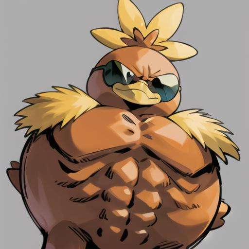 swole torchic, solo, smirk,  (sunglasses:1.2), masterpiece, high quality, no humans. (grey background, simple background:1.2), (close-up)<lora:torchic-09:1> 