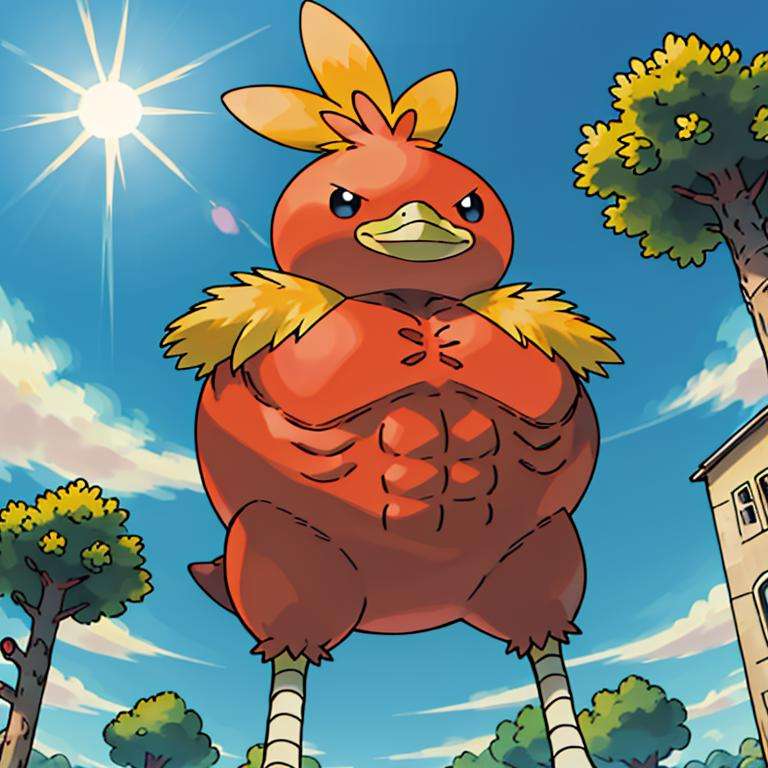 sugimori ken \(style\), swole torchic, no_humans, big bird, full body, pokemon, solo,  (armless, asb, large pectorals:1.2), (high quality, masterpiece:1.1), solo, creature, long legs, nature, grass, sun, sky, cloud<lora:pokemon_v3_offset:1>  <lora:torchic-09:1>