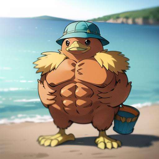 swole torchic,  (bucket hat, hat:1.4), full body, depth of field, ocean, (orange body:0.8) <lora:torchic-09:1>