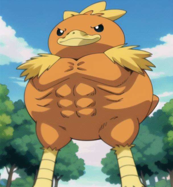 (swole torchic:0.8), solo, closed mouth, standing, outdoors, sky, day, cloud, black eyes, tree, blue sky, crossed arms, from below, animal focus, anime screencap,   <lora:torchic-09:0.9>