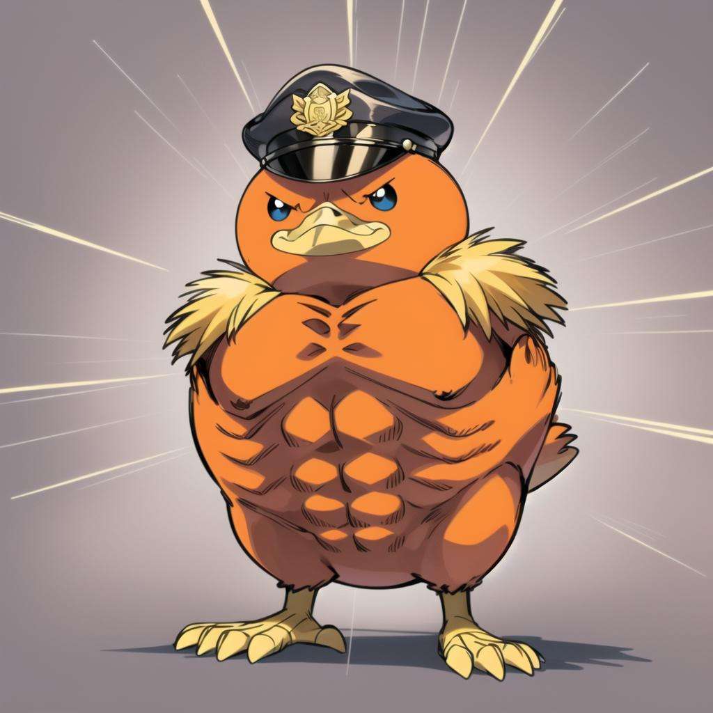 swole torchic, (peaked cap, police hat, hat:1.4), full body, police uniform, depth of field, emphasis_lines<lora:torchic-09:1> <lora:more_details:0.5>