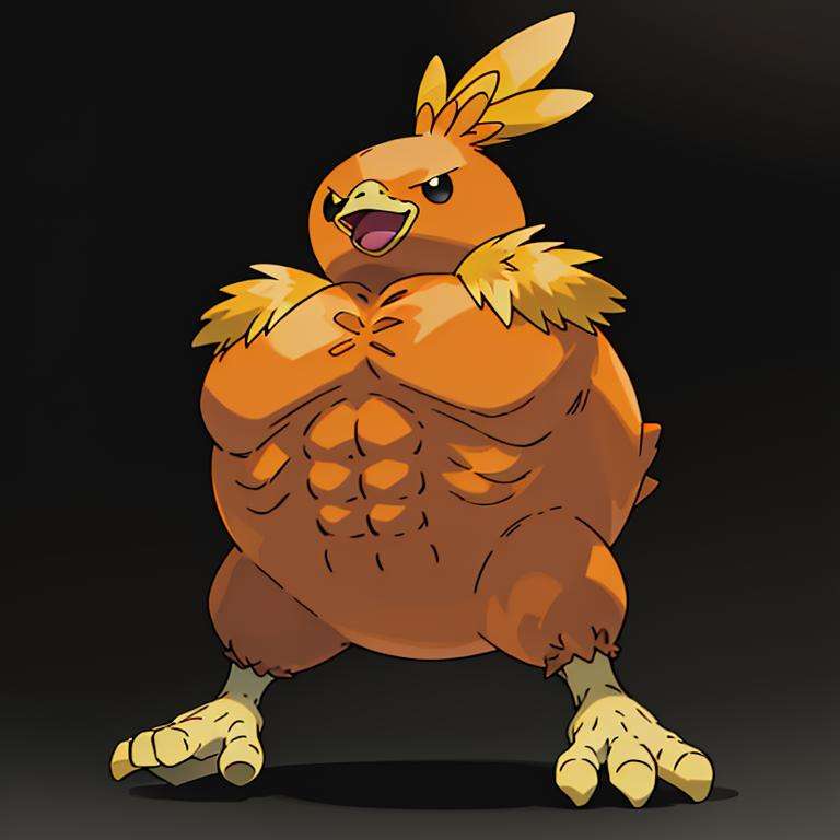 sugimori ken \(style\), swole torchic, no_humans, big bird, full body, open_mouth, pokemon, solo,  (armless, asb, large pectorals:1.2), (high quality, masterpiece:1.1), solo, creature<lora:pokemon_v3_offset:1>  <lora:torchic-09:1>