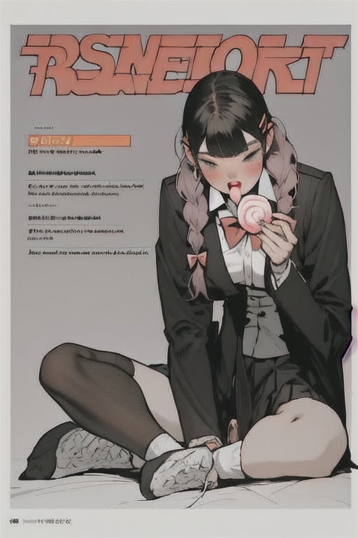 1girl, long hair, bangs, skirt, hair ornament, 1boy, bow, twintails, school uniform, jacket, monochrome, braid, comic, hetero, greyscale, pleated skirt, food, shoes, socks, hairclip, bowtie, english text, erection, blazer, candy, bulge, lollipop, erection under clothes, loose socks,1 page manga,by sanka kumaru,3 manga panels,body up panels,1 girl,black and white