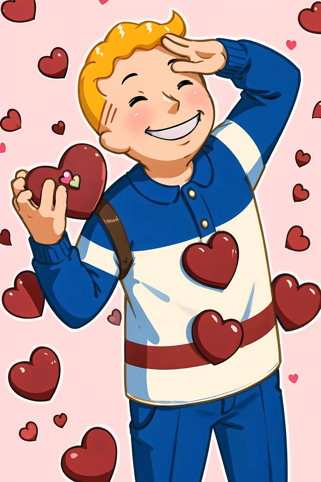 <lora:VaultStyle:0.8>, a boy huge smiling, propaganda, hearts on background