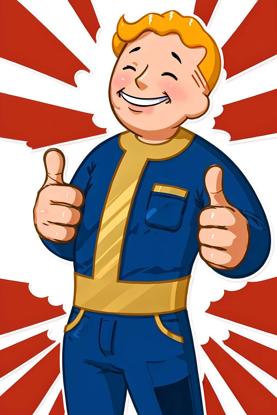 <lora:VaultStyle:1>, a boy huge smiling, propaganda, thumbs up