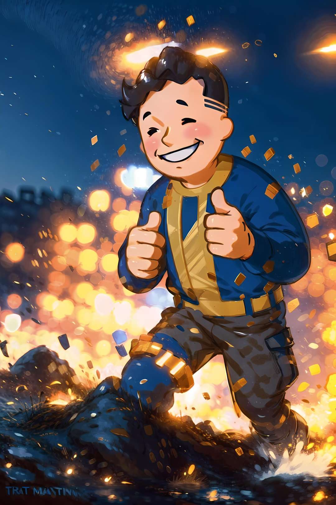 <lora:VaultStyle:1>, a boy huge smiling, army clothes on, propaganda, thumbs up, bokeh, tracers, <lora:BF4Color:1>