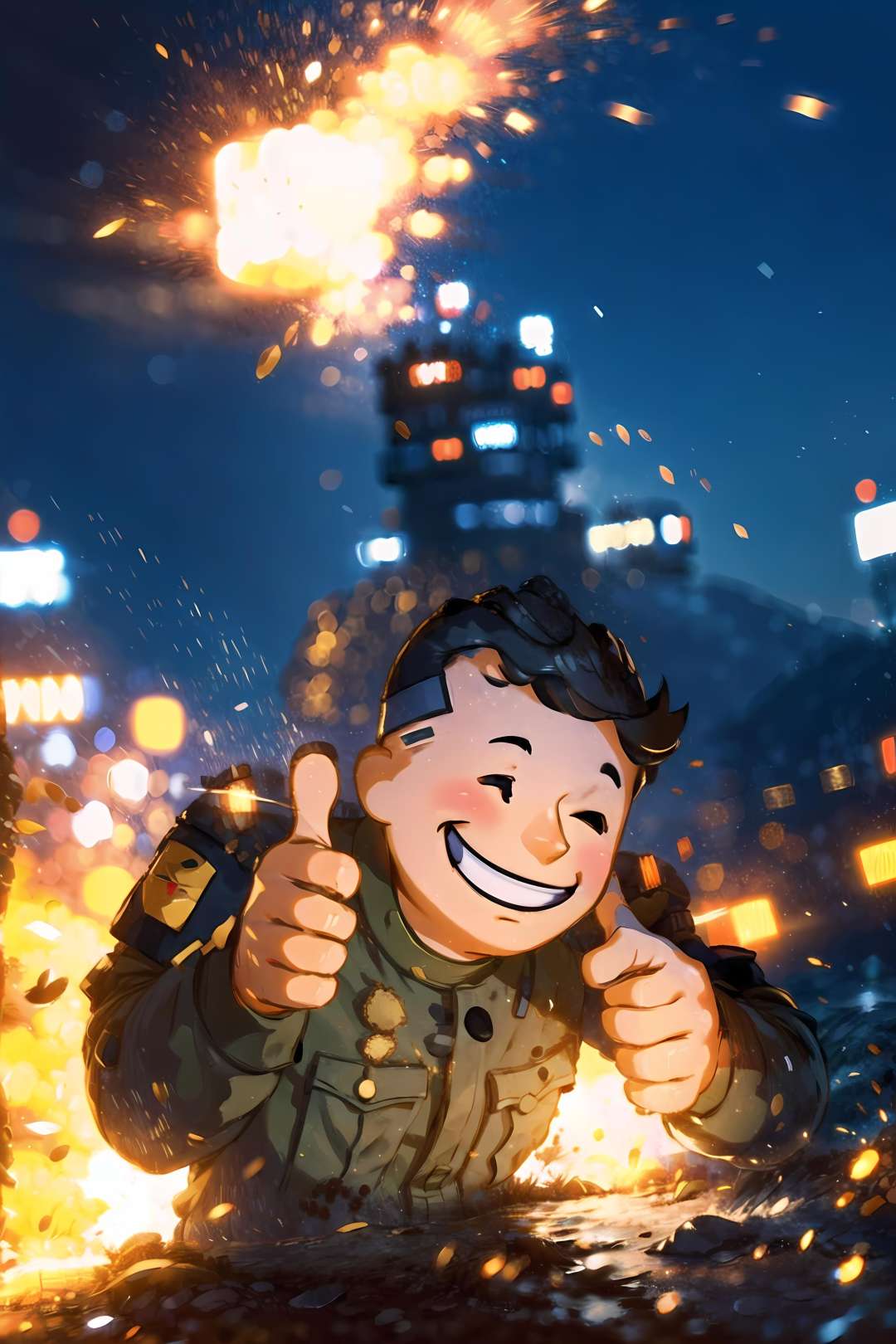 <lora:VaultStyle:1>, a boy huge smiling, army clothes on, propaganda, thumbs up, bokeh, tracers, <lora:BF4Color:1>