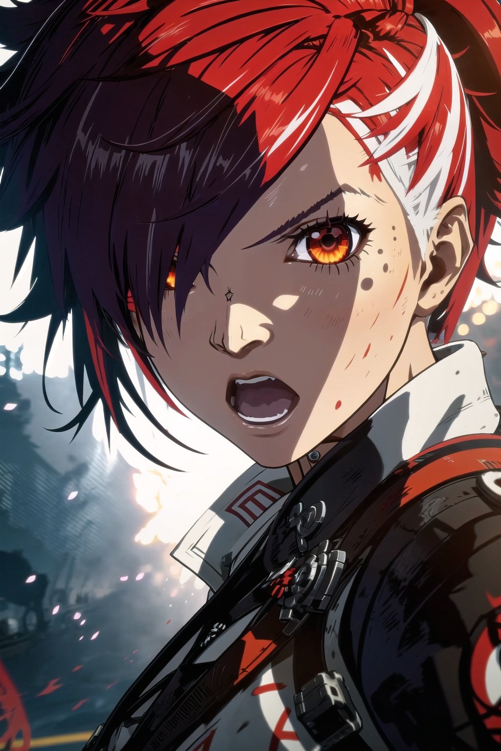 guiltys, angry, a battle girl, red eyes, white swirl hair, upper body, (bokeh:1.1), depth of field, by Akihiko Yoshida, tracers, | smooth detailed shadows, hyperealistic shadows, (saturated colors:1.2) | (game cg, unreal engine), (3d model), special fx