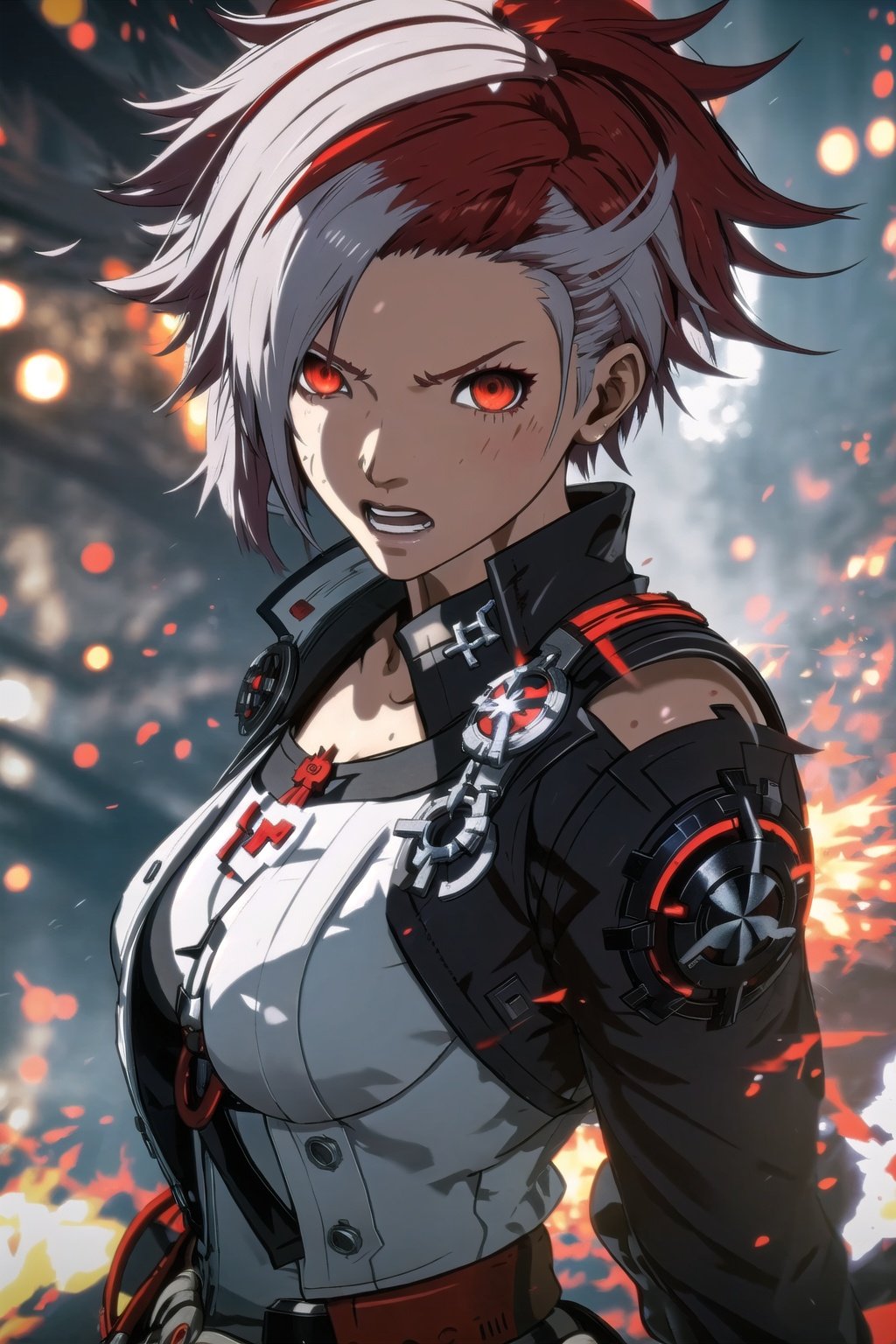 guiltys, angry, a battle girl, red eyes, white swirl hair, upper body, (bokeh:1.1), depth of field, by Akihiko Yoshida, tracers, | smooth detailed shadows, hyperealistic shadows, (saturated colors:1.2) | (game cg, unreal engine), (3d model), special fx