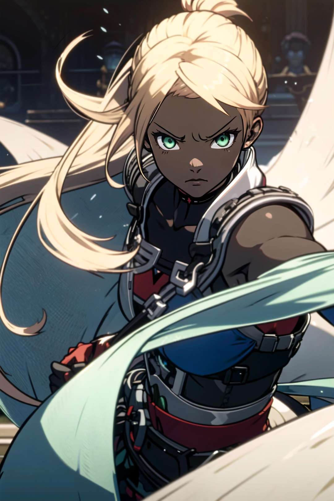 serious, a battle girl, green eyes, black skin, blond hair, itricate hair, <lora:GuiltyS:0.8>, guiltys, by Akihiko Yoshida