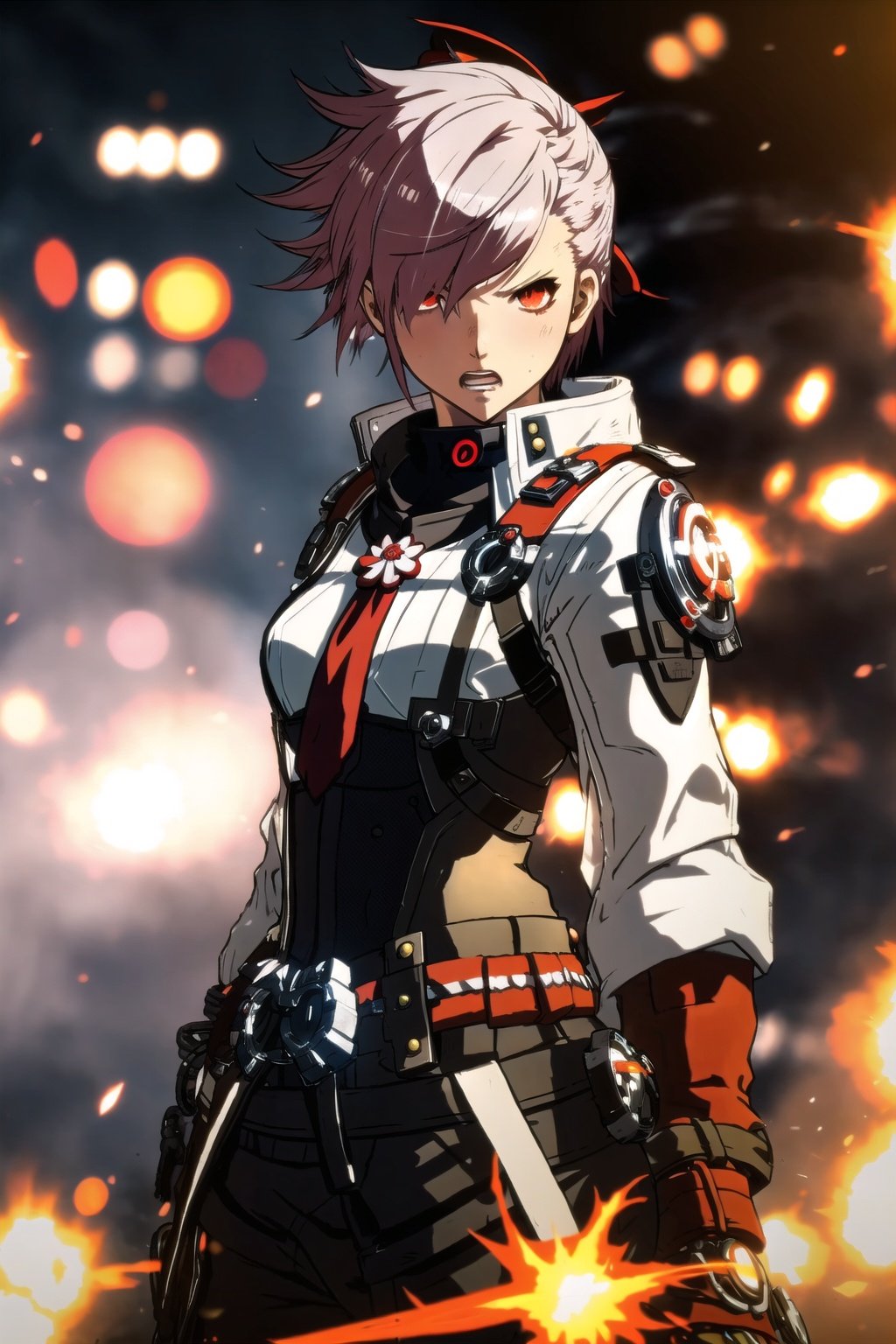 guiltys, angry, a battle girl, red eyes, white swirl hair, upper body, (bokeh:1.1), depth of field, by Akihiko Yoshida, tracers