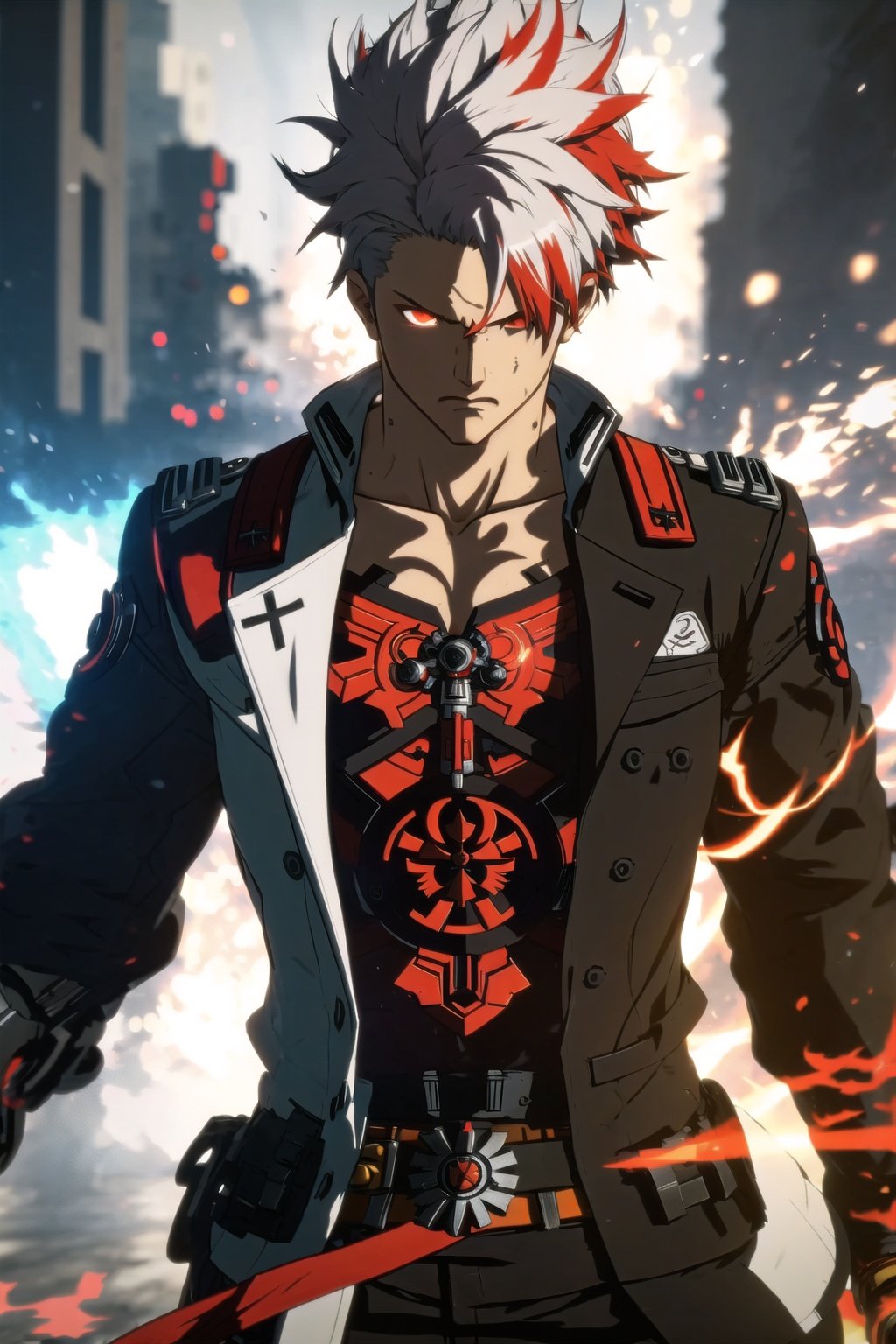 guiltys, serious, a battle man, red eyes, white swirl hair, upper body, (bokeh:1.1), depth of field, by Akihiko Yoshida, tracers, | smooth detailed shadows, hyperealistic shadows, (saturated colors:1.2) | (game cg, unreal engine), (3d model), special fx