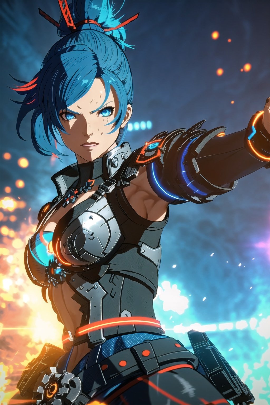 guiltys, serious, a battle woman, glow blue eyes, blue ponytail hair, dynamic pose, from below, (bokeh:1.1), depth of field, by Akihiko Yoshida, tracers, | smooth detailed shadows, hyperealistic shadows, (saturated colors:1.2) | (game cg, unreal engine), (3d model), special fx