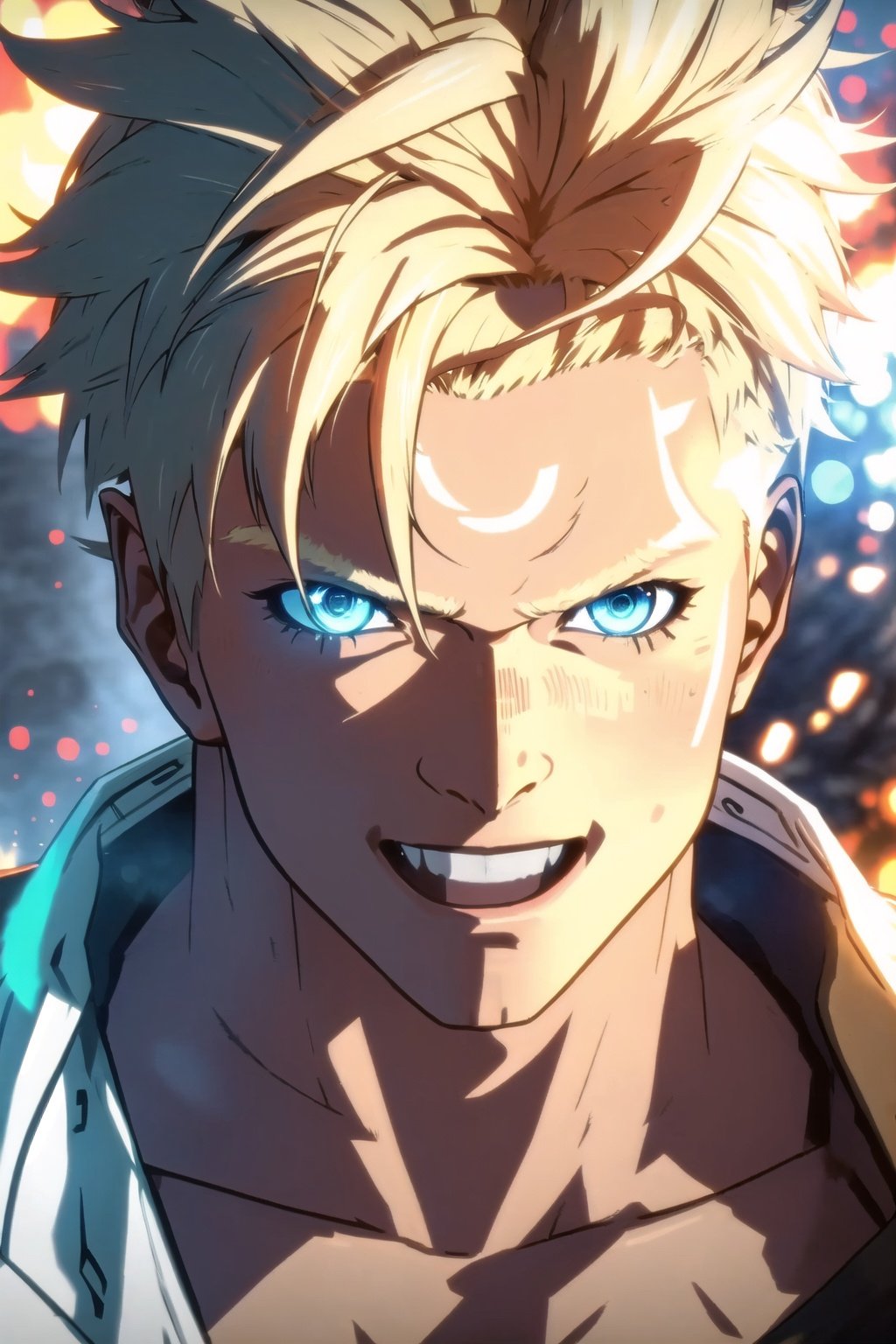 guiltys, smile, a battle man, glow blue eyes, blond spiky hair, upper body, (bokeh:1.1), depth of field, by Akihiko Yoshida, tracers, | smooth detailed shadows, hyperealistic shadows, (saturated colors:1.2) | (game cg, unreal engine), (3d model), special fx