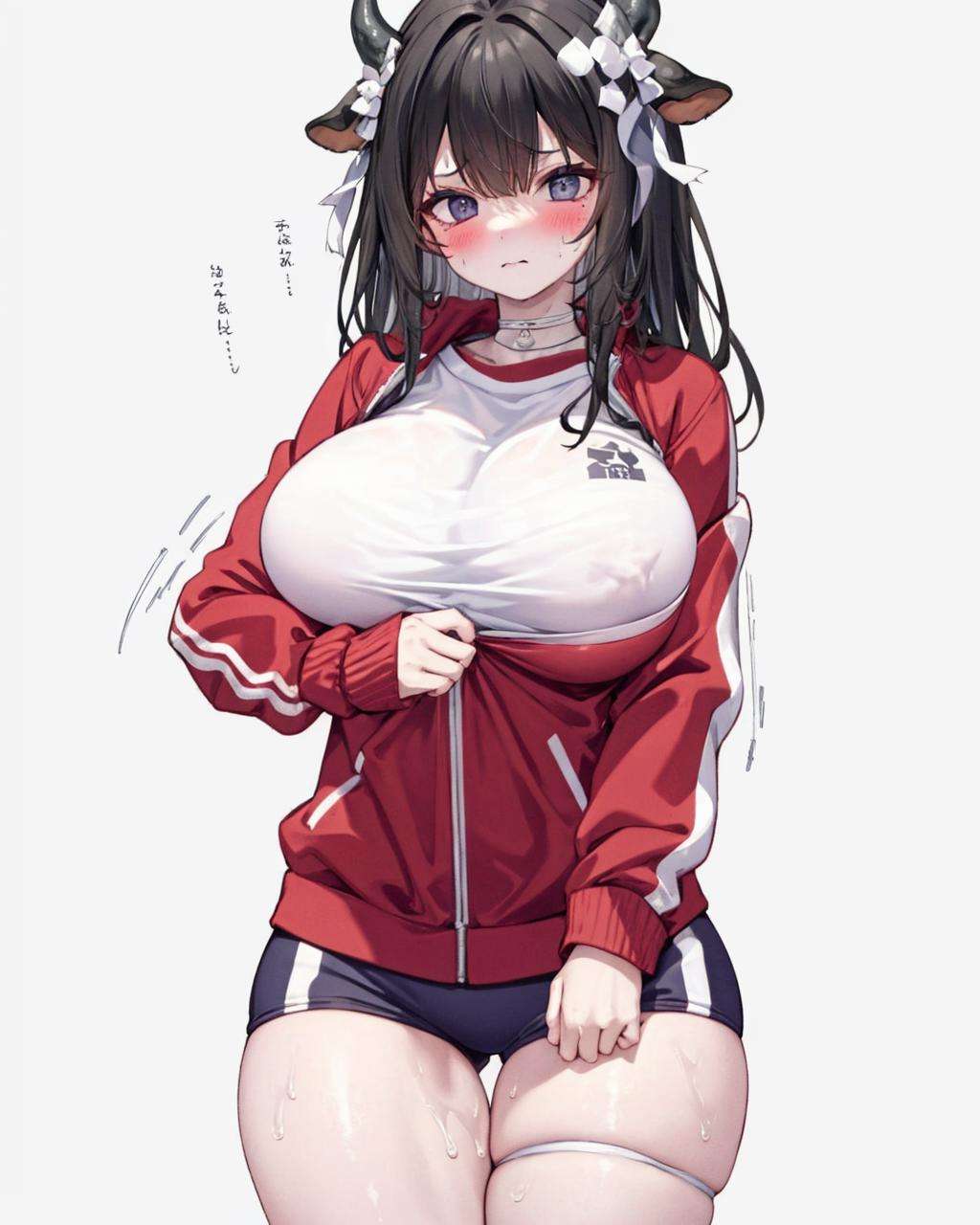 1girl, track jacket,<lora:HardZippingV1:1>,thighs, huge breasts, sweat,blush,  jacket tug, clothes tug, zipping,  <lora:KashinoV2:0.8>,cow horns, kashino,black_hair, [white shirt], 