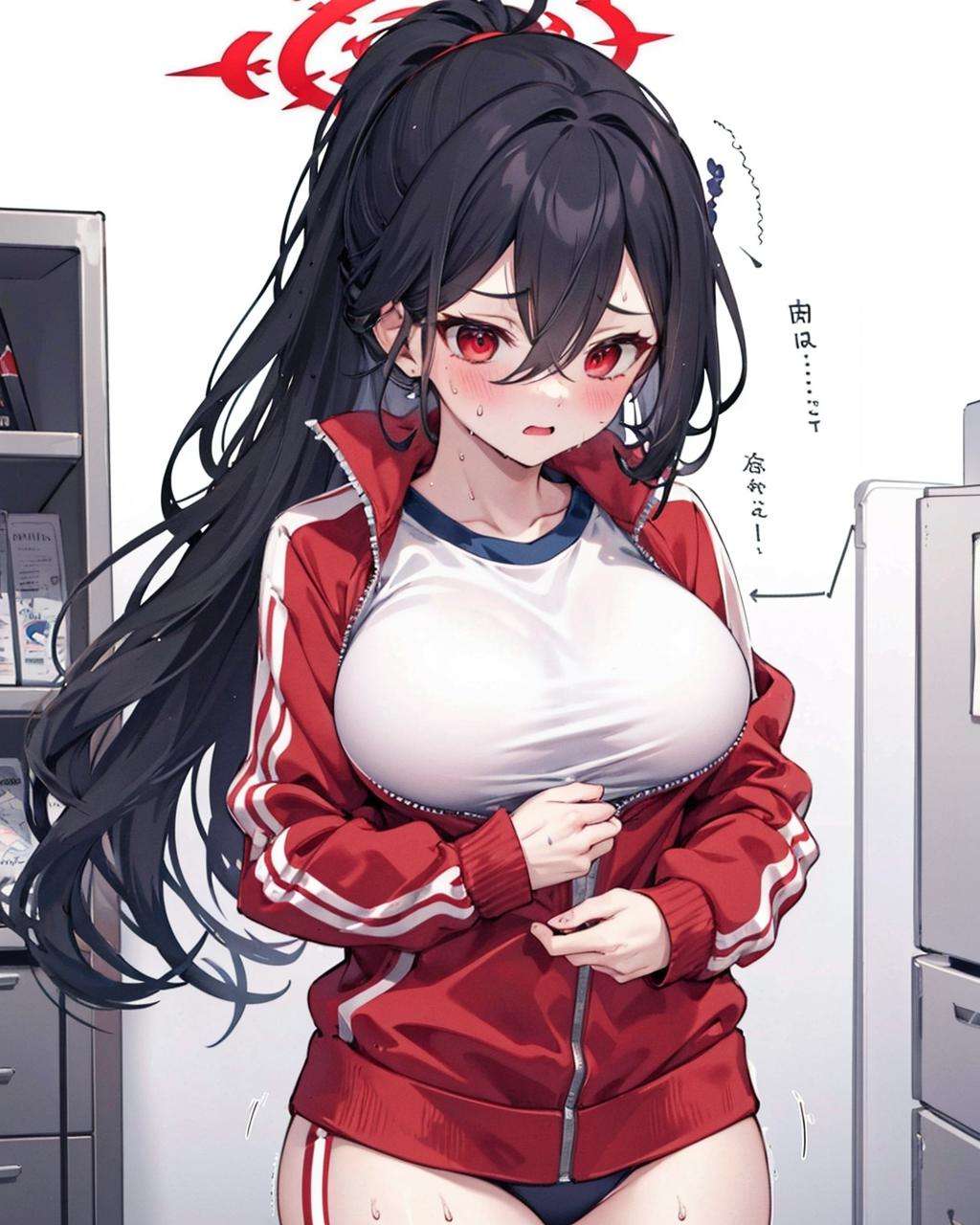 zipping,jacket_tug,1girl, track jacket,<lora:HardZippingV1:1>,thighs, large breasts, sweat,blush,trembling,  hasumi \(gym uniform\) \(blue archive\), ponytail, red eyes, black hair, hair between eyes, halo,