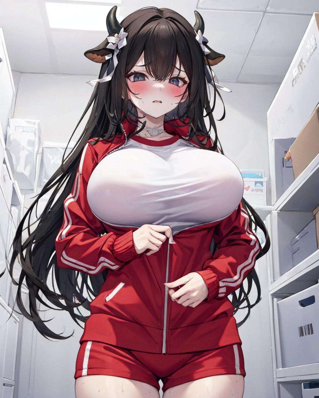 1girl, track jacket,<lora:HardZippingV1:1>,thighs, huge breasts, sweat,blush,  jacket tug, clothes tug, zipping,  <lora:KashinoV2:0.8>,cow horns, kashino,black_hair, [white shirt], indoors,gym storeroom, red track suit, 