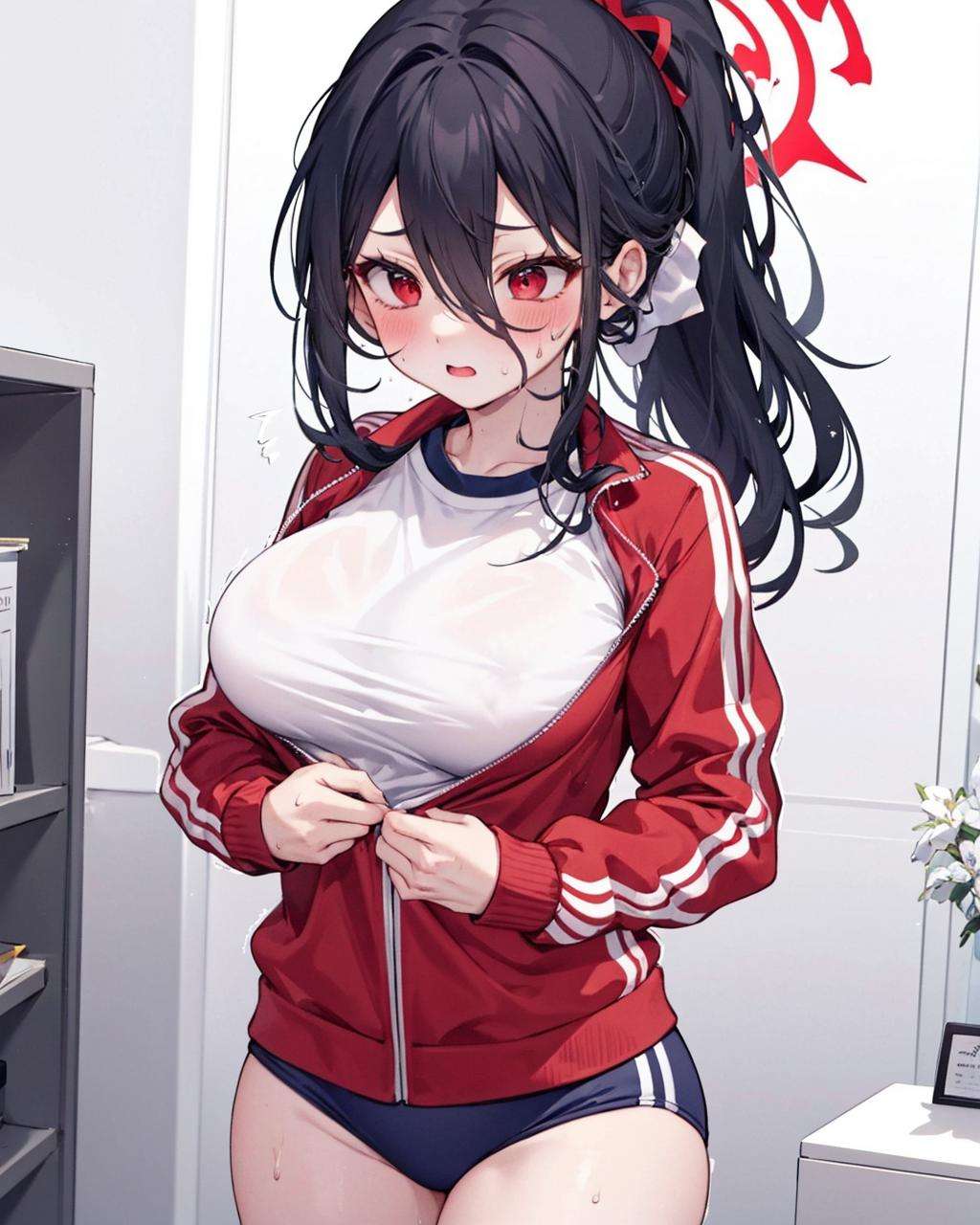 clothes tug,1girl, track jacket, white shirt,<lora:HardZippingV1:1>,thighs, large breasts, sweat,blush,trembling,  hasumi \(gym uniform\) \(blue archive\), ponytail, red eyes, black hair, hair between eyes, 