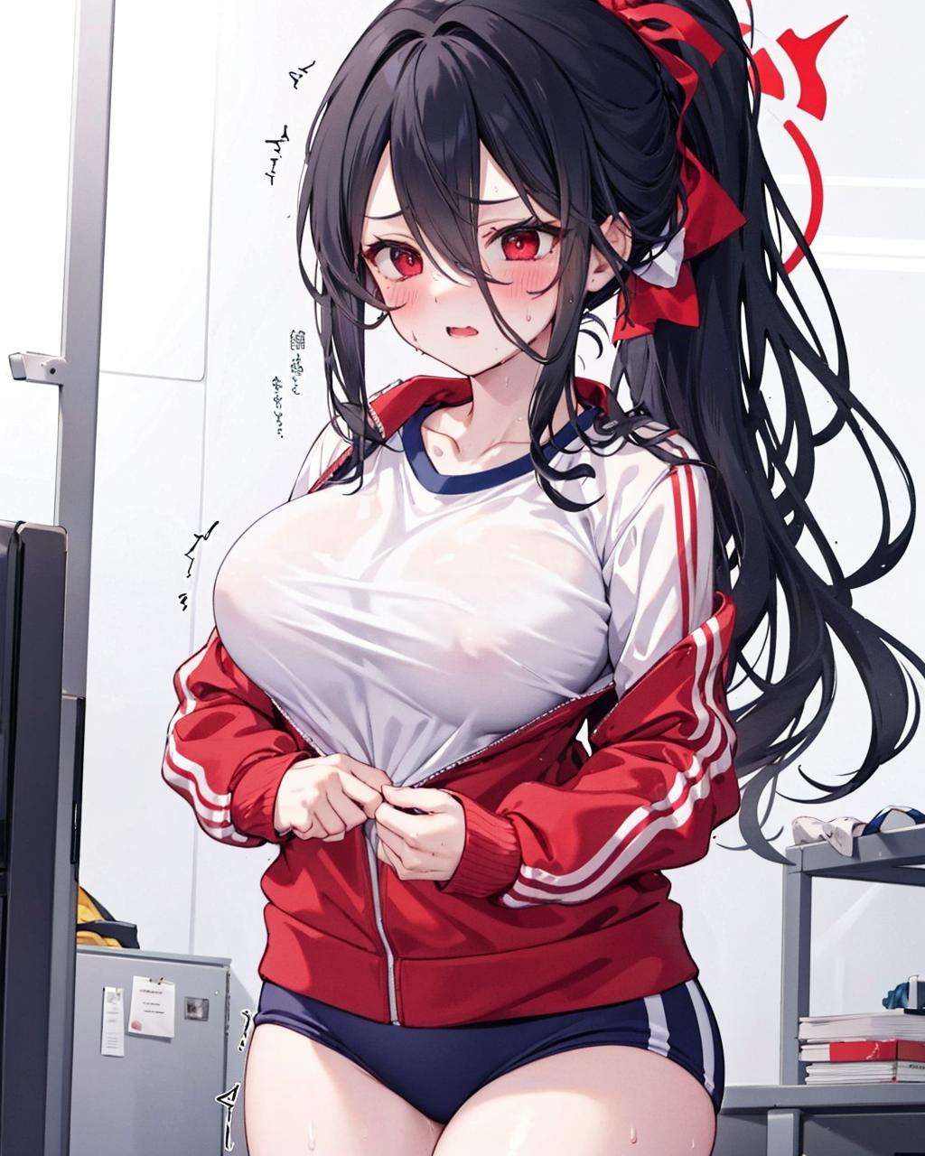 clothes tug,1girl, track jacket, white shirt,<lora:HardZippingV1:1>,thighs, large breasts, sweat,blush,trembling,  hasumi \(gym uniform\) \(blue archive\), ponytail, red eyes, black hair, hair between eyes, 