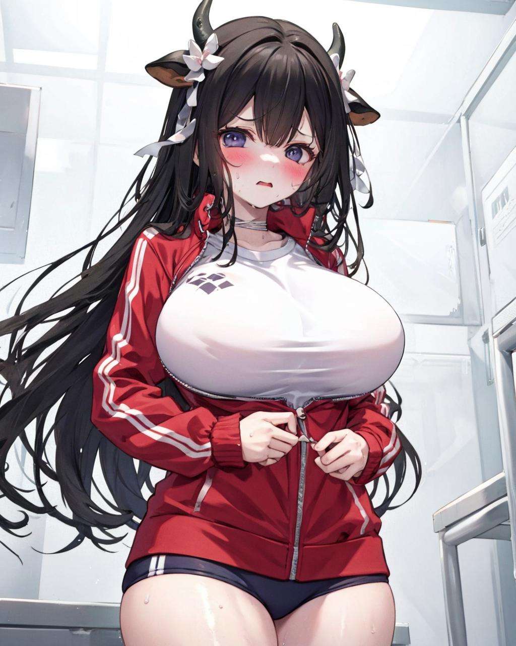 1girl, track jacket,<lora:HardZippingV1:1>,thighs, huge breasts, sweat,blush,  jacket tug, clothes tug, zipping,  <lora:KashinoV2:0.8>,cow horns, kashino,black_hair,