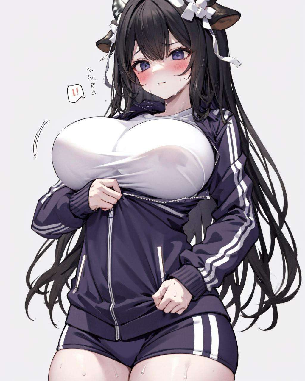 1girl, track jacket,<lora:HardZippingV1:1>,thighs, huge breasts, sweat,blush,  jacket tug, clothes tug, zipping,  <lora:KashinoV2:0.8>,cow horns, kashino,black_hair, [white shirt], 