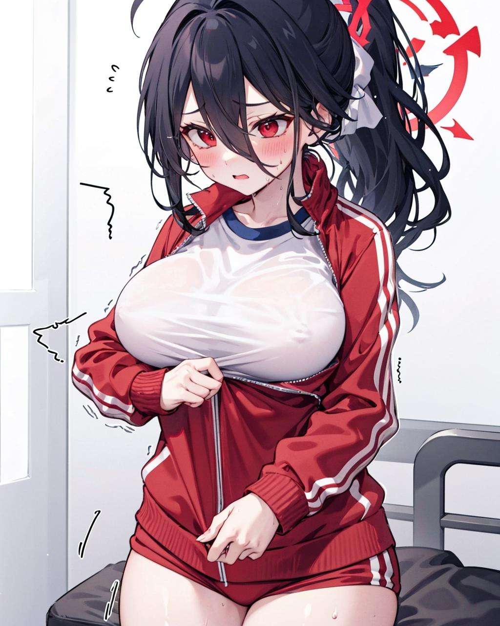 clothes tug,jacket_tug,1girl, track jacket, white shirt,<lora:HardZippingV1:1>,thighs, large breasts, sweat,blush,trembling,  hasumi \(gym uniform\) \(blue archive\), ponytail, red eyes, black hair, hair between eyes, halo,