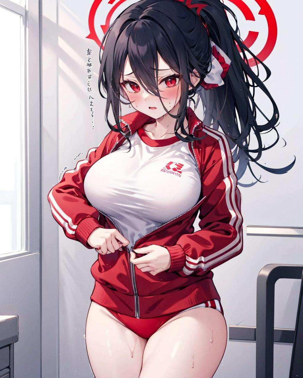 zipping,jacket_tug,1girl, track jacket,<lora:HardZippingV1:1>,thighs, large breasts, sweat,blush,trembling,  hasumi \(gym uniform\) \(blue archive\), ponytail, red eyes, black hair, hair between eyes, halo,