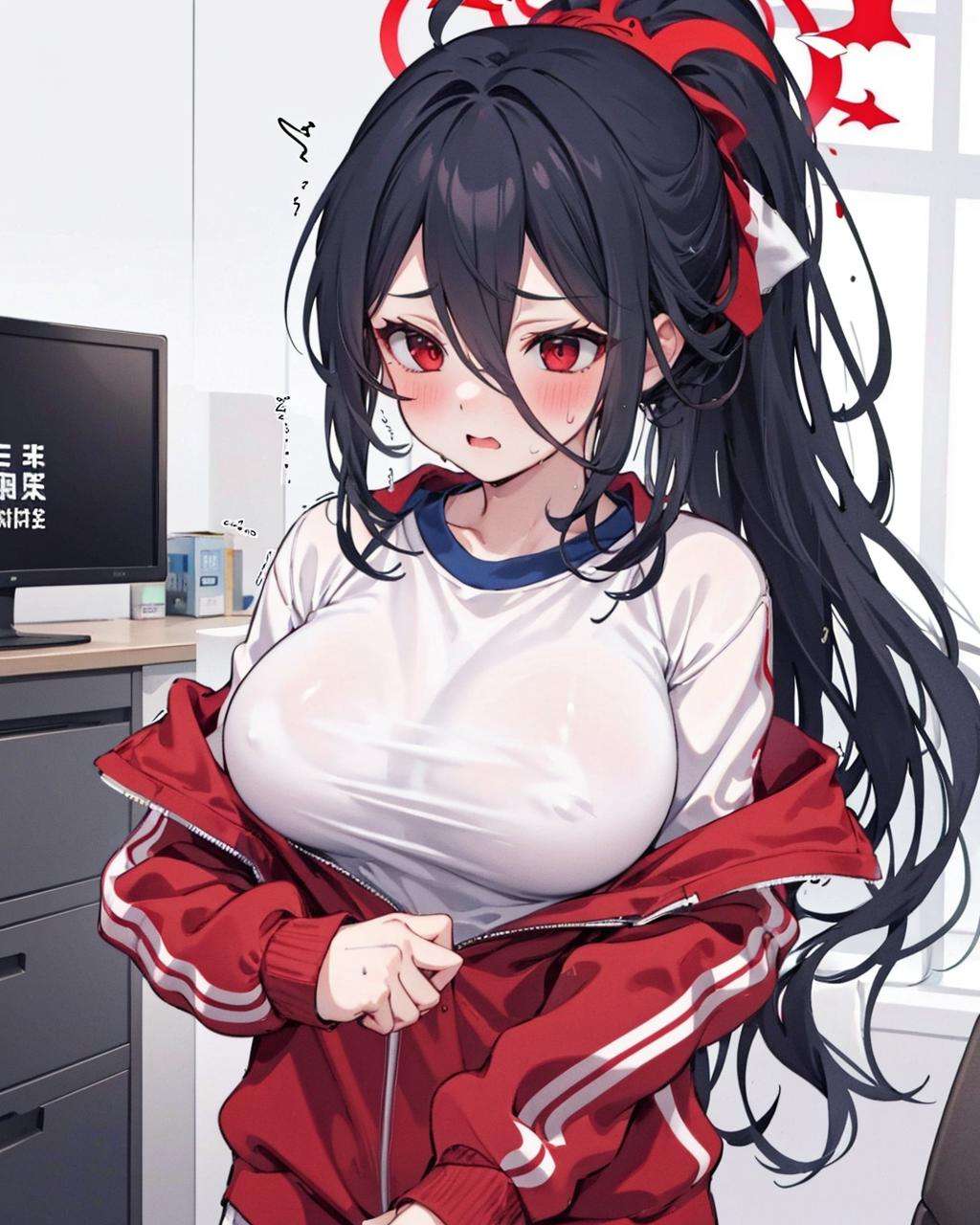 zipping,jacket_tug,1girl, track jacket, white shirt,<lora:HardZippingV1:1>,thighs, large breasts, sweat,blush,trembling,  hasumi \(gym uniform\) \(blue archive\), ponytail, red eyes, black hair, hair between eyes, halo,