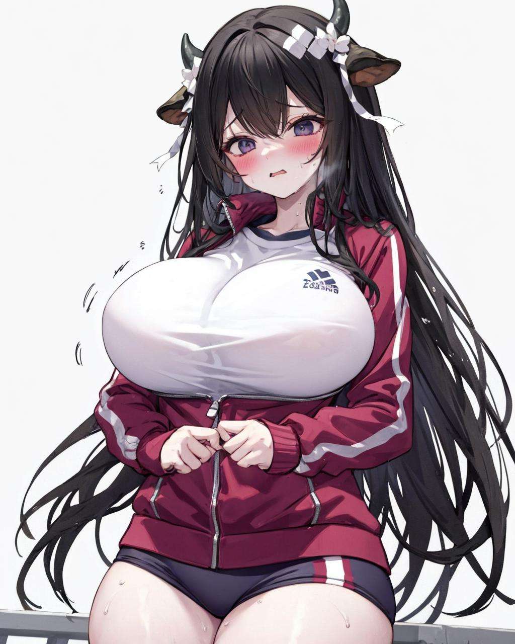 1girl, track jacket,<lora:HardZippingV1:1>,thighs, huge breasts, sweat,blush,  jacket tug, clothes tug, zipping,  <lora:KashinoV2:0.8>,cow horns, kashino,black_hair,