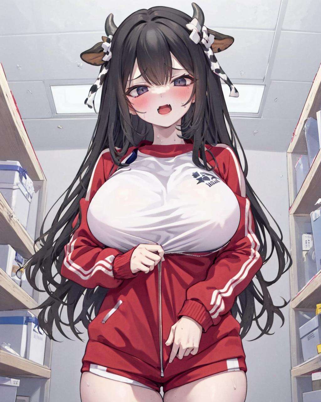 1girl, track jacket,<lora:HardZippingV1:1>,thighs, huge breasts, sweat,blush,  jacket tug, clothes tug, zipping,  <lora:KashinoV2:0.8>,cow horns, kashino,black_hair, [white shirt], indoors,gym storeroom, red track suit, smug,open mouth,  <lora:Smug:0.8>