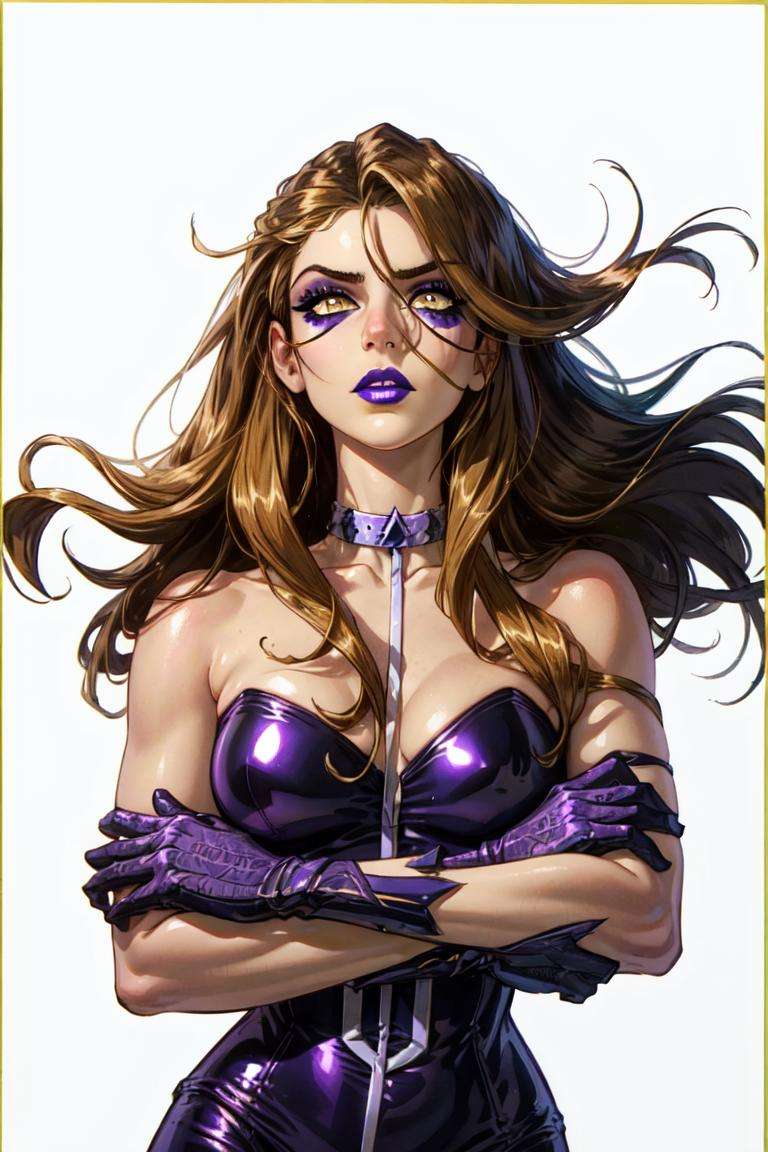 (Darcy), yellow eyes, brown hair with blonde strips, very long hair, (WitchOutfit), (purple makeup, purple lips, purple bodysuit, purple gloves, strapless), (solid white background, white background:1.5), (realistic:1.2), (masterpiece:1.2), (full-body-shot:1),(Cowboy-shot:1.2), neon lighting, dark romantic lighting, (highly detailed:1.2),(detailed face:1.2), (gradients), colorful, detailed eyes, (detailed landscape:1.2), (natural lighting:1.2), close shot, solo, <lora:WinxClubDarcy-10:0.9> <lora:add_detail:0.3> <lora:hipoly3DModelLora_v10:0.05>  <lora:RSERomantic_RSESofiko_RSEEmma-v1:0.1> <lora:BeautifulEyes:0.6>