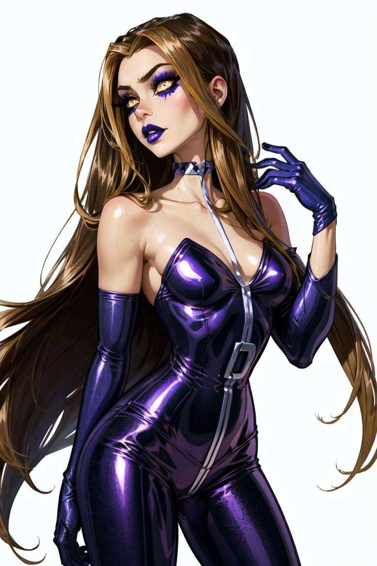 (Darcy), yellow eyes, brown hair with blonde strips, very long hair, (WitchOutfit), (purple makeup, purple lips, purple bodysuit, purple gloves, strapless), (solid white background, white background:1.5), (realistic:1.2), (masterpiece:1.2), (full-body-shot:1),(Cowboy-shot:1.2), neon lighting, dark romantic lighting, (highly detailed:1.2),(detailed face:1.2), (gradients), colorful, detailed eyes, (detailed landscape:1.2), (natural lighting:1.2), close shot, solo, <lora:WinxClubDarcy-10:0.9> <lora:add_detail:0.3> <lora:hipoly3DModelLora_v10:0.05>  <lora:RSERomantic_RSESofiko_RSEEmma-v1:0.1> <lora:BeautifulEyes:0.6>