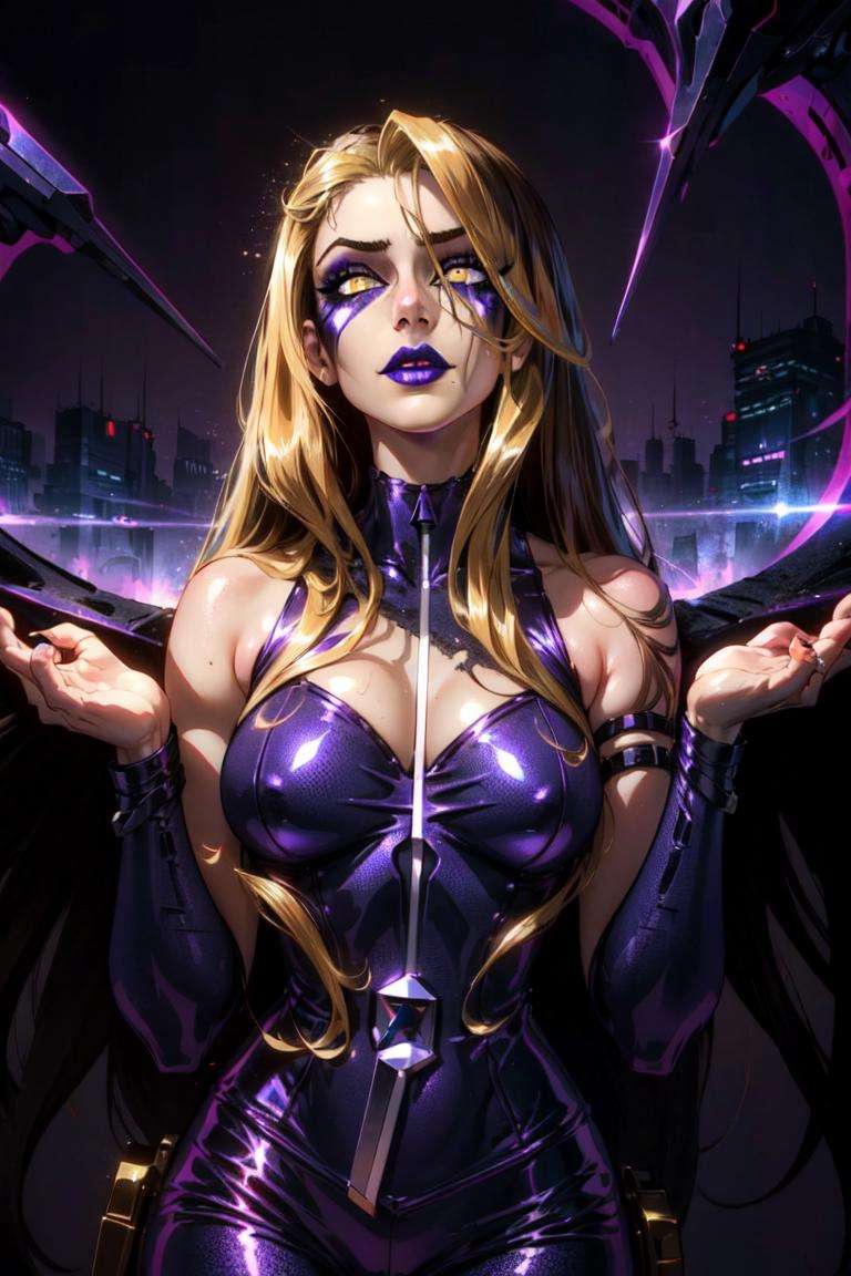 (Darcy), yellow eyes, brown hair with blonde strips, very long hair, (WitchOutfit), (makeup, purple lips, purple bodysuit, sleeveless), purple background, black smoke, purple magic surrounding her, dark background, (glowing eyes:1.2), (realistic:1.2), (masterpiece:1.2), (full-body-shot:1),(Cowboy-shot:1.2), cyberpunk background, steampunk, neon lighting, dark romantic lighting, (highly detailed:1.2),(detailed face:1.2), (gradients), colorful, detailed eyes, (detailed landscape:1.2), (natural lighting:1.2),(detailed background),detailed landscape, (neutral standing pose:1.2), close shot, solo, <lora:WinxClubDarcy-10:0.9> <lora:add_detail:0.3> <lora:hipoly3DModelLora_v10:0.05>  <lora:RSERomantic_RSESofiko_RSEEmma-v1:0.1> <lora:BeautifulEyes:0.6>