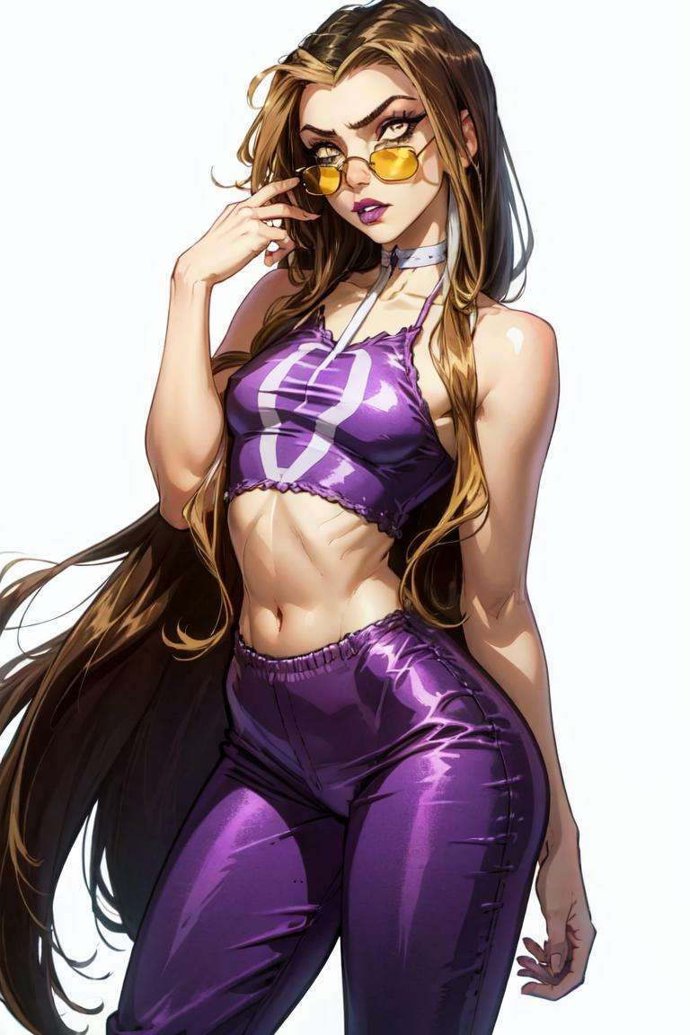 (Darcy), yellow eyes, brown hair with blonde strips, very long hair, (CasualOutfit), (light-purple halterneck croptop, light-purple pants, boots, sunglasses, purple choker), (solid white background, white background:1.5), (realistic:1.2), (masterpiece:1.2), (full-body-shot:1),(Cowboy-shot:1.2), neon lighting, dark romantic lighting, (highly detailed:1.2),(detailed face:1.2), (gradients), colorful, detailed eyes, (detailed landscape:1.2), (natural lighting:1.2), close shot, solo, <lora:WinxClubDarcy-10:0.9> <lora:add_detail:0.3> <lora:hipoly3DModelLora_v10:0.05>  <lora:RSERomantic_RSESofiko_RSEEmma-v1:0.1> <lora:BeautifulEyes:0.6>