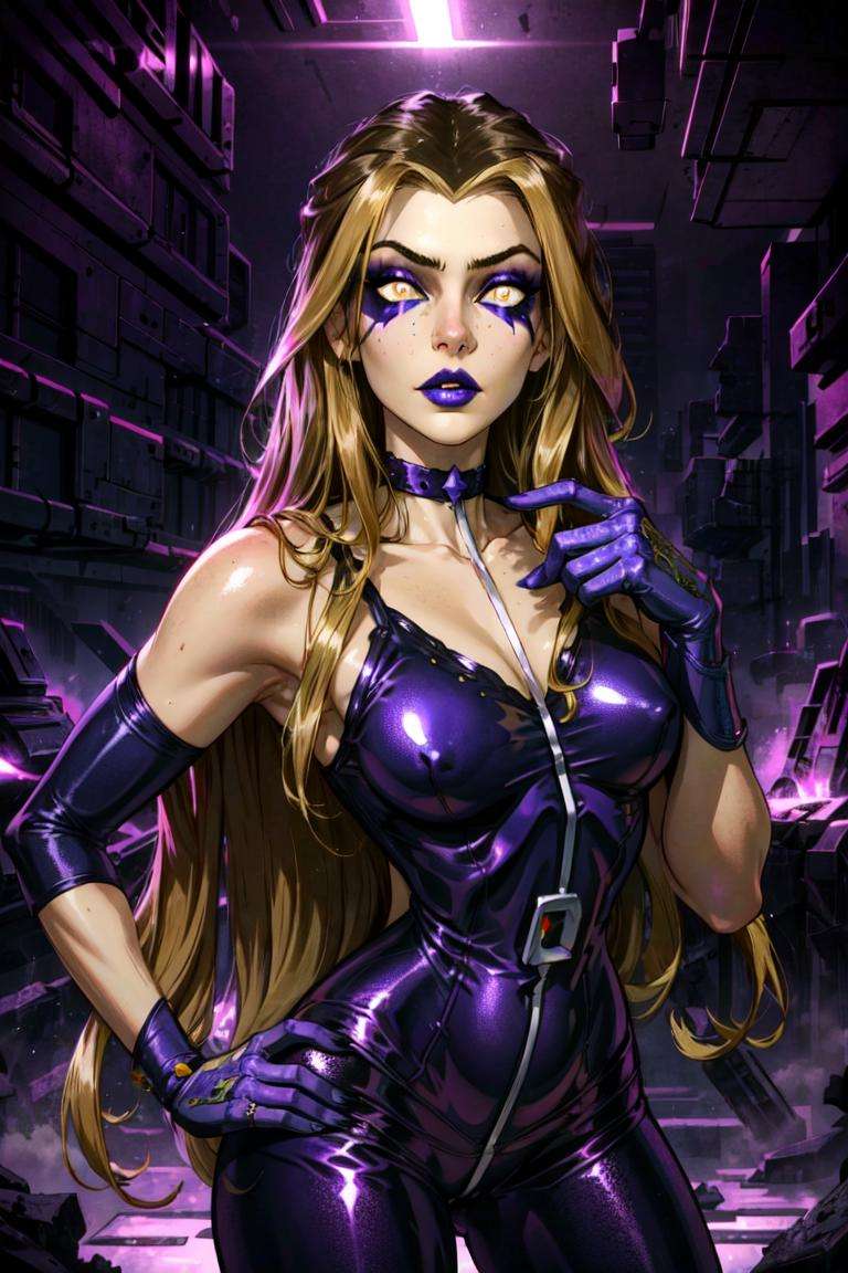 (Darcy), yellow eyes, brown hair with blonde strips, very long hair, (WitchOutfit), (makeup, purple lips, purple bodysuit, sleeveless), purple background, black smoke, purple magic surrounding her, dark background, (glowing eyes:1.2), (realistic:1.2), (masterpiece:1.2), (full-body-shot:1),(Cowboy-shot:1.2), cyberpunk background, steampunk, neon lighting, dark romantic lighting, (highly detailed:1.2),(detailed face:1.2), (gradients), colorful, detailed eyes, (detailed landscape:1.2), (natural lighting:1.2),(detailed background),detailed landscape, (neutral standing pose:1.2), close shot, solo, <lora:WinxClubDarcy-10:0.9> <lora:add_detail:0.3> <lora:hipoly3DModelLora_v10:0.05>  <lora:RSERomantic_RSESofiko_RSEEmma-v1:0.1> <lora:BeautifulEyes:0.6>