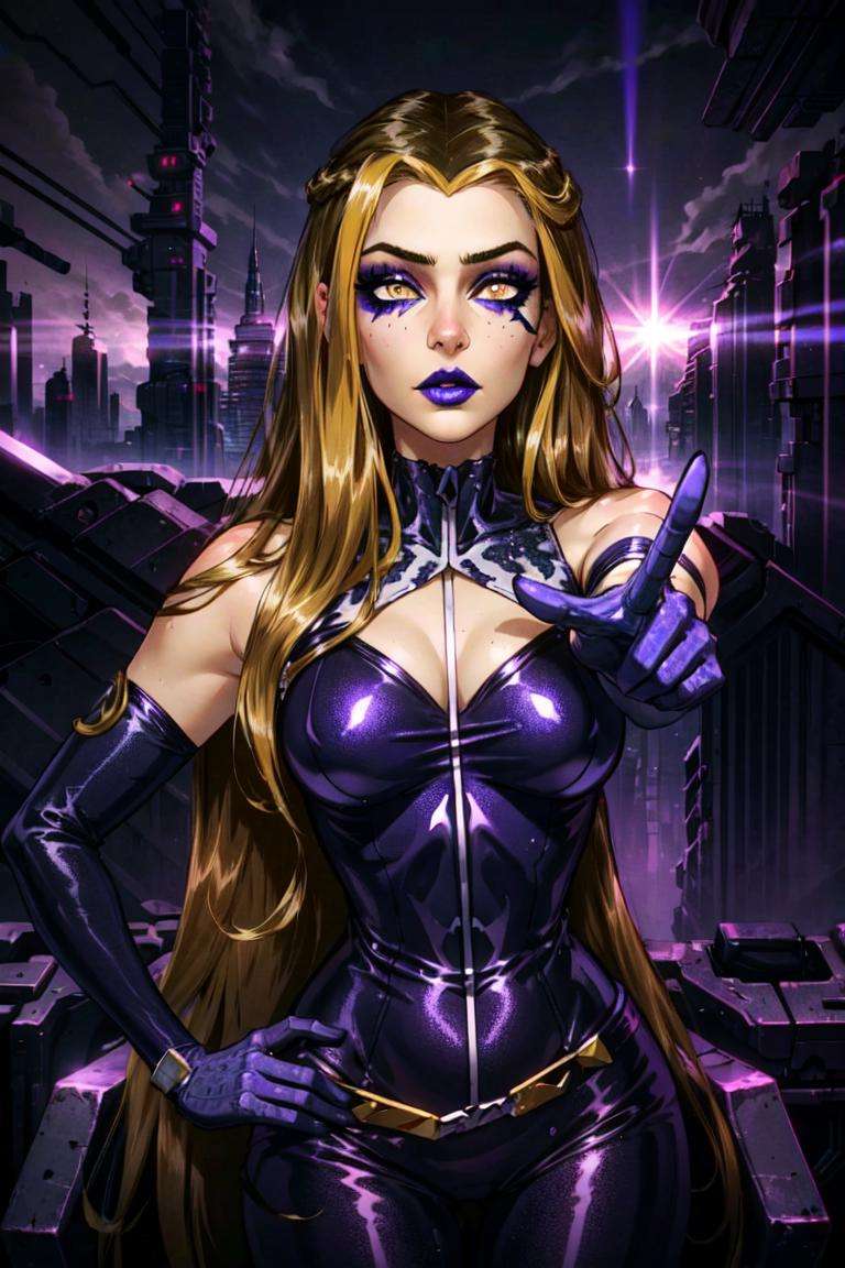 (Darcy), yellow eyes, brown hair with blonde strips, very long hair, (WitchOutfit), (purple makeup, purple lips, purple bodysuit, sleeveless), purple background, black smoke, purple magic surrounding her, dark background, (realistic:1.2), (masterpiece:1.2), (full-body-shot:1),(Cowboy-shot:1.2), cyberpunk background, steampunk, neon lighting, dark romantic lighting, (highly detailed:1.2),(detailed face:1.2), (gradients), colorful, detailed eyes, (detailed landscape:1.2), (natural lighting:1.2),(detailed background),detailed landscape, (neutral standing pose:1.2), close shot, solo, <lora:WinxClubDarcy-10:0.9> <lora:add_detail:0.3> <lora:hipoly3DModelLora_v10:0.05>  <lora:RSERomantic_RSESofiko_RSEEmma-v1:0.1> <lora:BeautifulEyes:0.6>