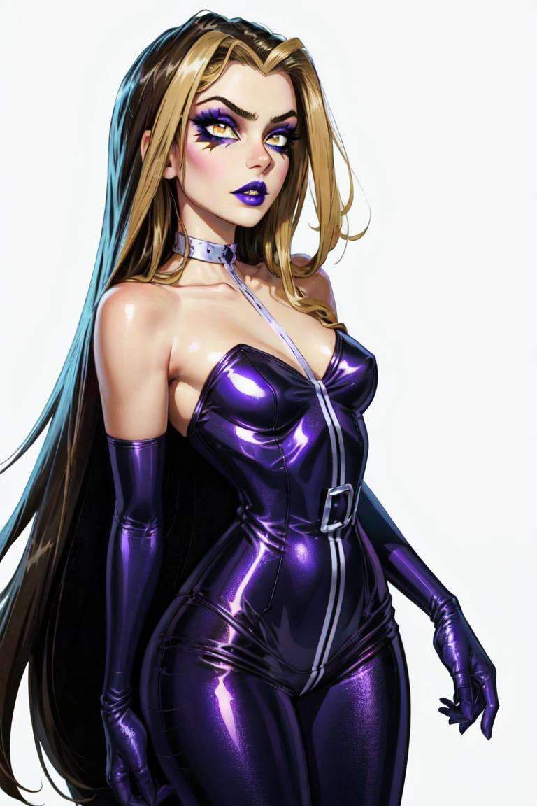 (Darcy), yellow eyes, brown hair with blonde strips, very long hair, (WitchOutfit), (purple makeup, purple lips, purple bodysuit, purple gloves, strapless), (solid white background, white background:1.5), (realistic:1.2), (masterpiece:1.2), (full-body-shot:1),(Cowboy-shot:1.2), neon lighting, dark romantic lighting, (highly detailed:1.2),(detailed face:1.2), (gradients), colorful, detailed eyes, (detailed landscape:1.2), (natural lighting:1.2), close shot, solo, <lora:WinxClubDarcy-10:0.9> <lora:add_detail:0.3> <lora:hipoly3DModelLora_v10:0.05>  <lora:RSERomantic_RSESofiko_RSEEmma-v1:0.1> <lora:BeautifulEyes:0.6>