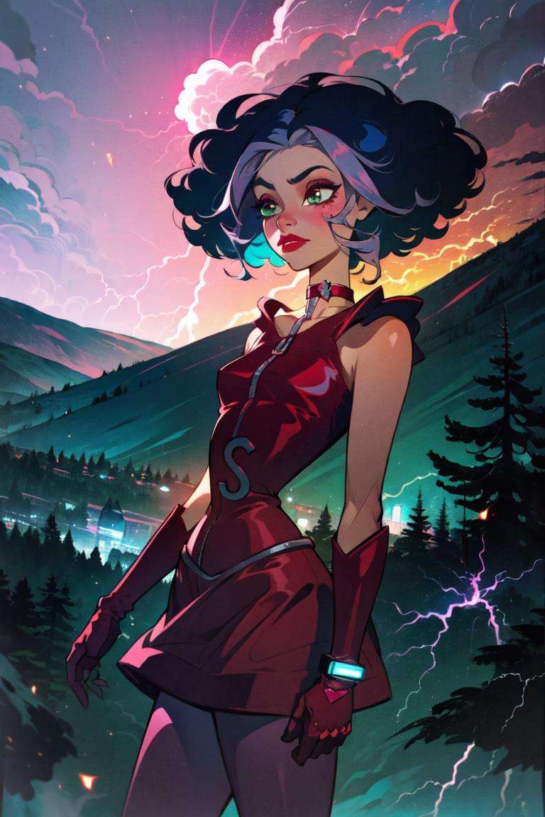 (Stormy), (blue hair), white hair strands, short curly hair, green eyes, (WitchOutfit), choker, red eye makeup, red lips, red dress, pink pantyhose, red boots, gloves, (lightning in the background, mountains, storming, storms), (realistic:1.2), (masterpiece:1.2), (full-body-shot:1),(Cowboy-shot:1.2), neon lighting, dark romantic lighting, (highly detailed:1.2),(detailed face:1.2), (gradients), colorful, detailed eyes, (detailed landscape:1.2), (natural lighting:1.2), close shot, solo, <lora:WinxClubStormy-10:0.9> <lora:add_detail:0.3> <lora:BeautifulEyes:0.6>