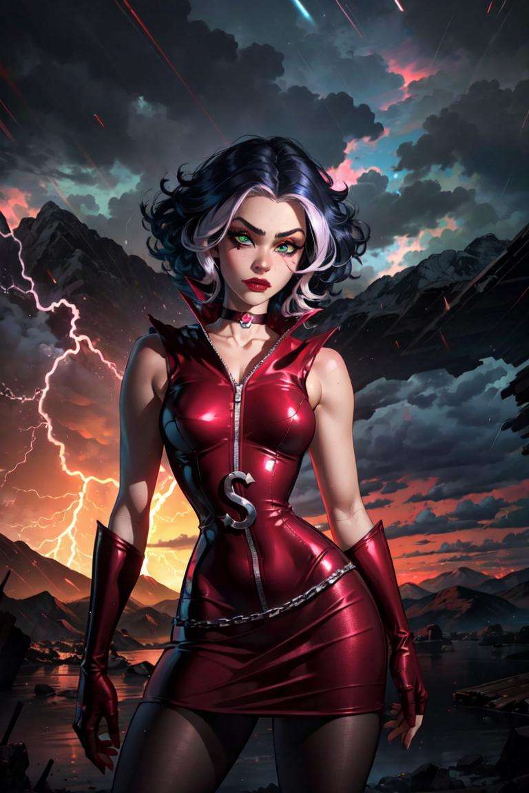 (Stormy), (blue hair), white hair strands, short curly hair, green eyes, (WitchOutfit), choker, red eye makeup, red lips, red dress, pink pantyhose, red boots, gloves, (lightning in the background, mountains, storming, storms), (realistic:1.2), (masterpiece:1.2), (full-body-shot:1),(Cowboy-shot:1.2), neon lighting, dark romantic lighting, (highly detailed:1.2),(detailed face:1.2), (gradients), colorful, detailed eyes, (detailed landscape:1.2), (natural lighting:1.2), close shot, solo, <lora:WinxClubStormy-10:0.9> <lora:add_detail:0.3> <lora:BeautifulEyes:0.6>