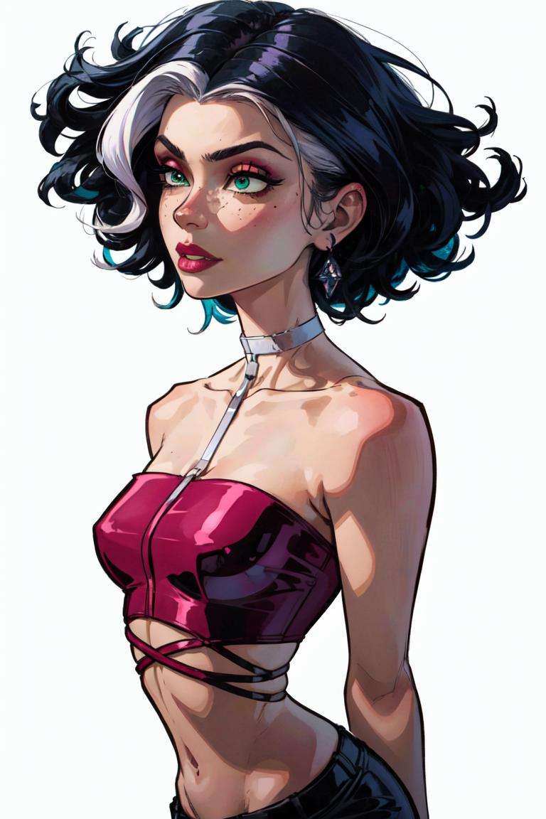 (Stormy), (blue hair), white hair strands, short curly hair, green eyes, (CasualOutfit), red croptop, (strapless, sleeveless), purple miniskirt, high heels, choker, simple makeup, (solid white background, white background:1.5), (realistic:1.2), (masterpiece:1.2), (full-body-shot:1),(Cowboy-shot:1.2), neon lighting, dark romantic lighting, (highly detailed:1.2),(detailed face:1.2), (gradients), colorful, detailed eyes, (detailed landscape:1.2), (natural lighting:1.2), close shot, solo, <lora:WinxClubStormy-10:0.9> <lora:add_detail:0.3> <lora:BeautifulEyes:0.6> 