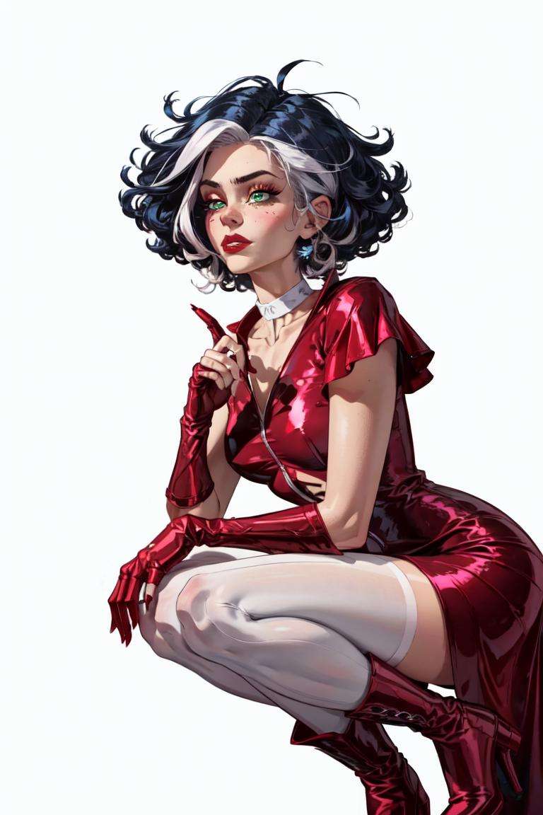 (Storm), (blue hair), white hair strands, short curly hair, green eyes, (WitchOutfit), choker, red eye makeup, red lips, red dress, pink pantyhose, red boots, gloves, (solid white background, white background:1.5), (realistic:1.2), (masterpiece:1.2), (full-body-shot:1),(Cowboy-shot:1.2), neon lighting, dark romantic lighting, (highly detailed:1.2),(detailed face:1.2), (gradients), colorful, detailed eyes, (detailed landscape:1.2), (natural lighting:1.2), close shot, solo, <lora:WinxClubStormy-10:0.9> <lora:add_detail:0.3> <lora:BeautifulEyes:0.6>