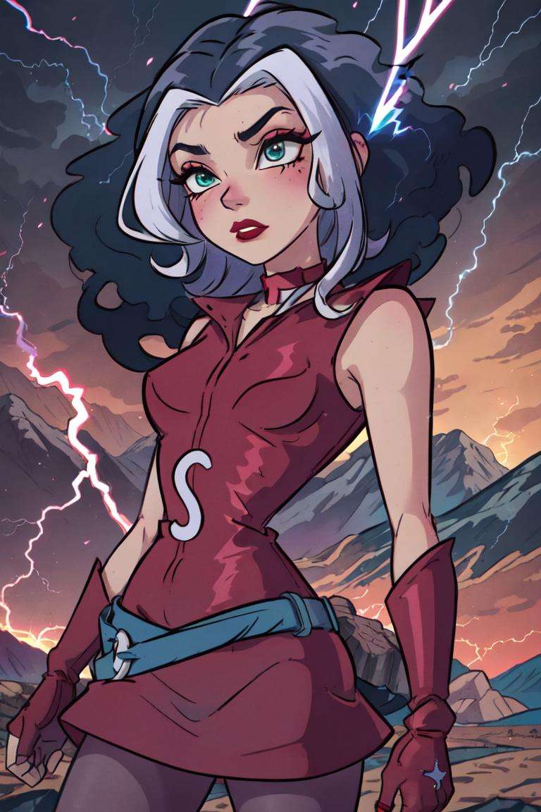 (Stormy), (blue hair), white hair strands, short curly hair, green eyes, (WitchOutfit), choker, red eye makeup, red lips, red dress, pink pantyhose, red boots, gloves, (lightning in the background, mountains, storming, storms), (realistic:1.2), (masterpiece:1.2), (full-body-shot:1),(Cowboy-shot:1.2), neon lighting, dark romantic lighting, (highly detailed:1.2),(detailed face:1.2), (gradients), colorful, detailed eyes, (detailed landscape:1.2), (natural lighting:1.2), close shot, solo, <lora:WinxClubStormy-10:0.9> <lora:add_detail:0.3> <lora:BeautifulEyes:0.6>