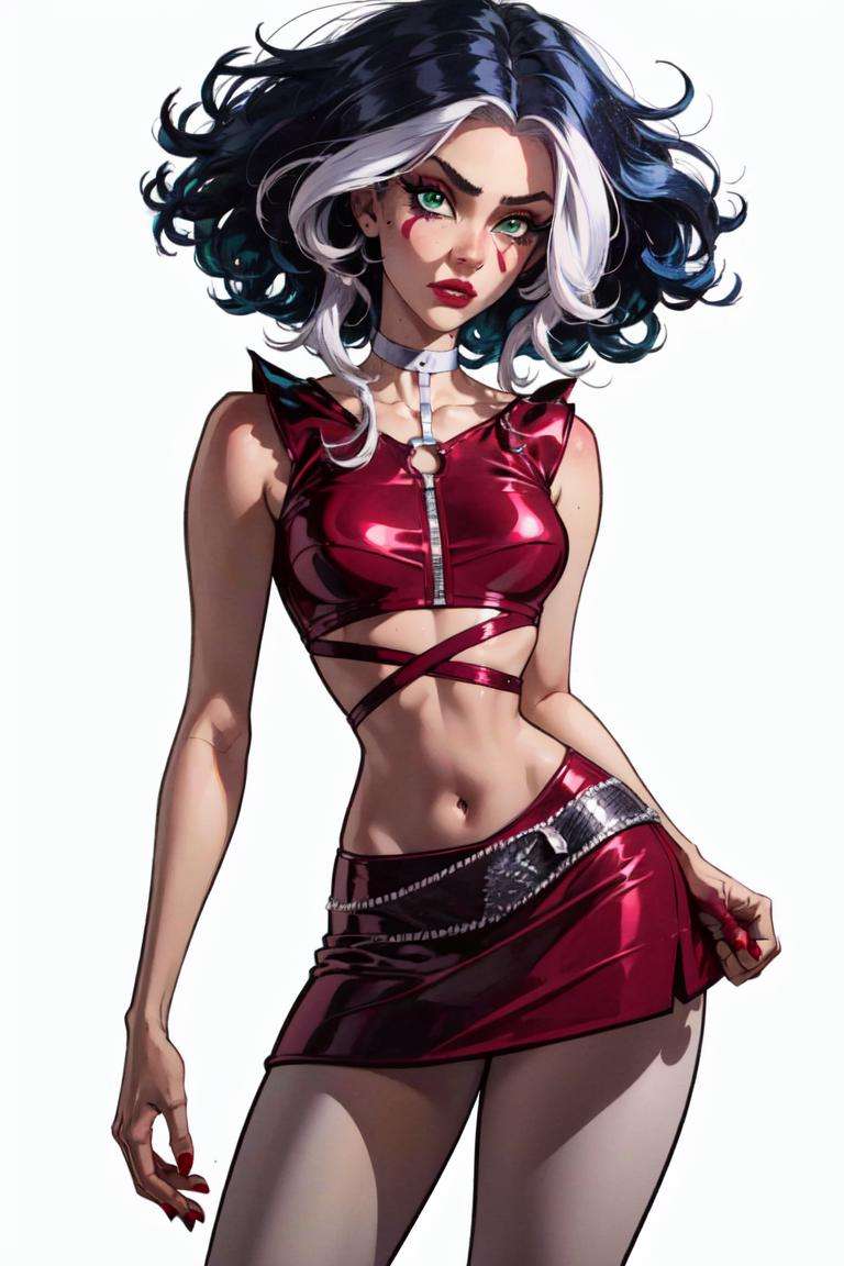 (Stormy), (blue hair), white hair strands, short curly hair, green eyes, (CasualOutfit), red croptop, purple miniskirt, high heels, choker, simple makeup, (solid white background, white background:1.5), (realistic:1.2), (masterpiece:1.2), (full-body-shot:1),(Cowboy-shot:1.2), neon lighting, dark romantic lighting, (highly detailed:1.2),(detailed face:1.2), (gradients), colorful, detailed eyes, (detailed landscape:1.2), (natural lighting:1.2), close shot, solo, <lora:WinxClubStormy-10:0.9> <lora:add_detail:0.3> <lora:BeautifulEyes:0.6> 